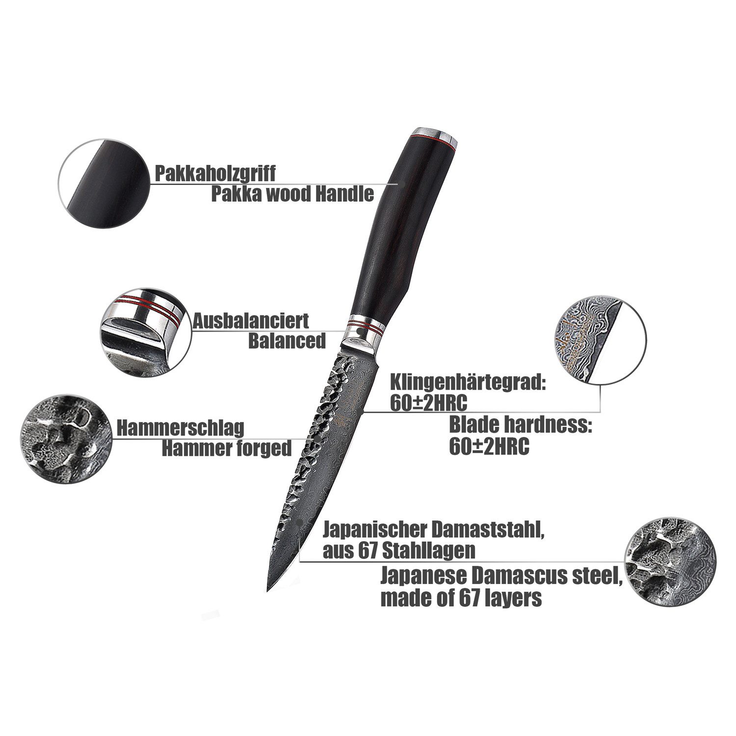 Wakoli Allzweckmesser EBO Damast Universal Küchenmesser Kochmesser 12 cm Klinge, aus 67 Lagen Damaststahl, VG10 Kern