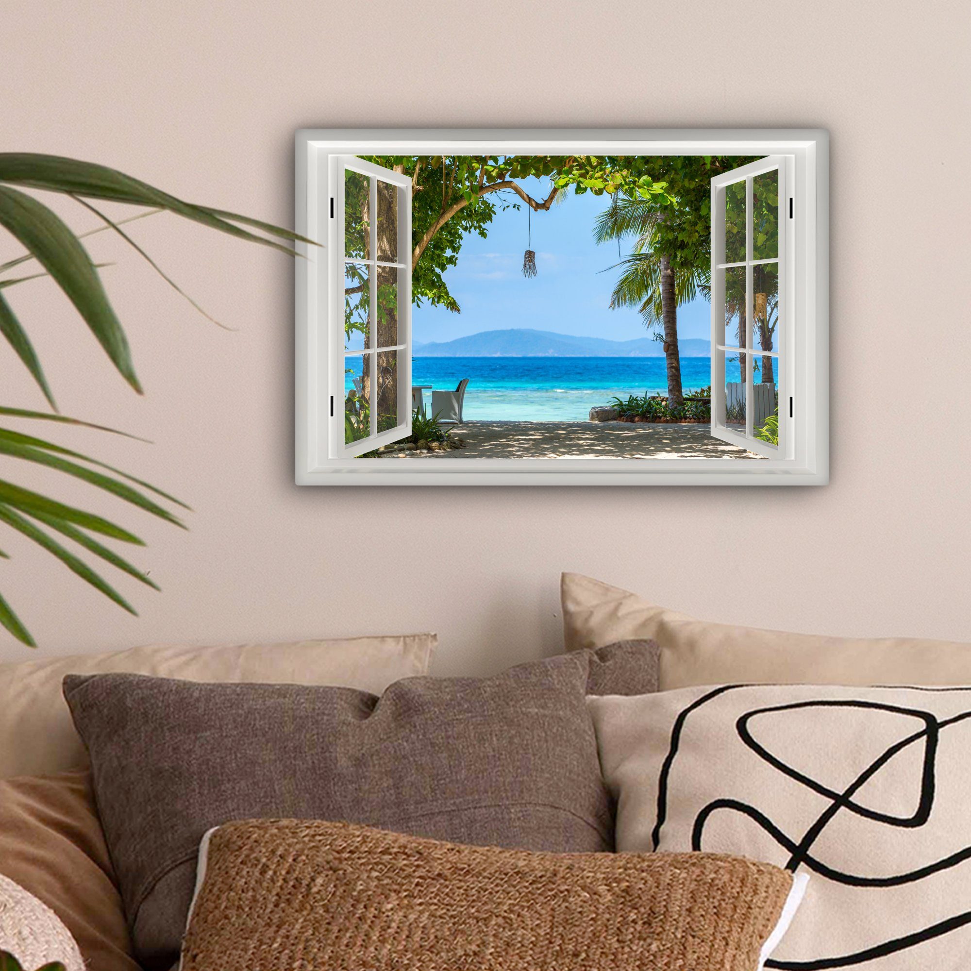 - OneMillionCanvasses® Leinwandbilder, 30x20 Strand Aussicht Leinwandbild - Aufhängefertig, - St), Meer - - Palme (1 - cm Blau, Wandbild Wanddeko, Hügel Baum