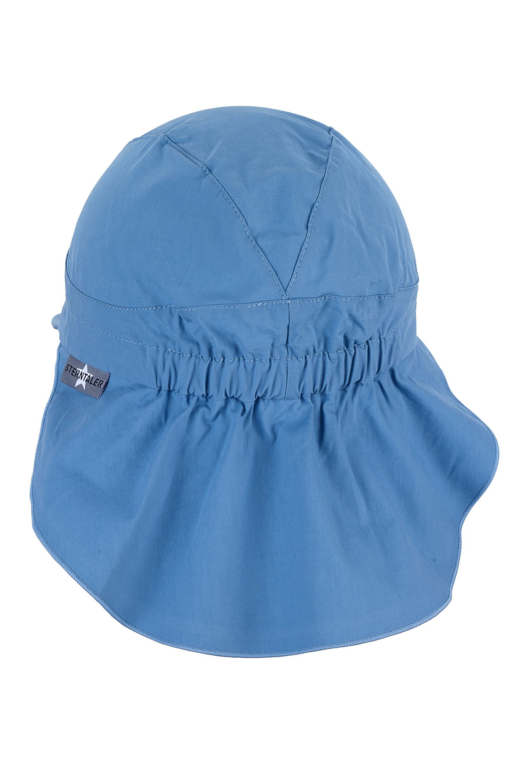 Sterntaler® Beanie Schirmmütze Kindermütze Nackenschutz (1-St., mid Erstlingsmütze mit mit bedruckt aus Schirm UV-Sonnenschutz Sternen unifarben mit 50) blue UV-Popeline