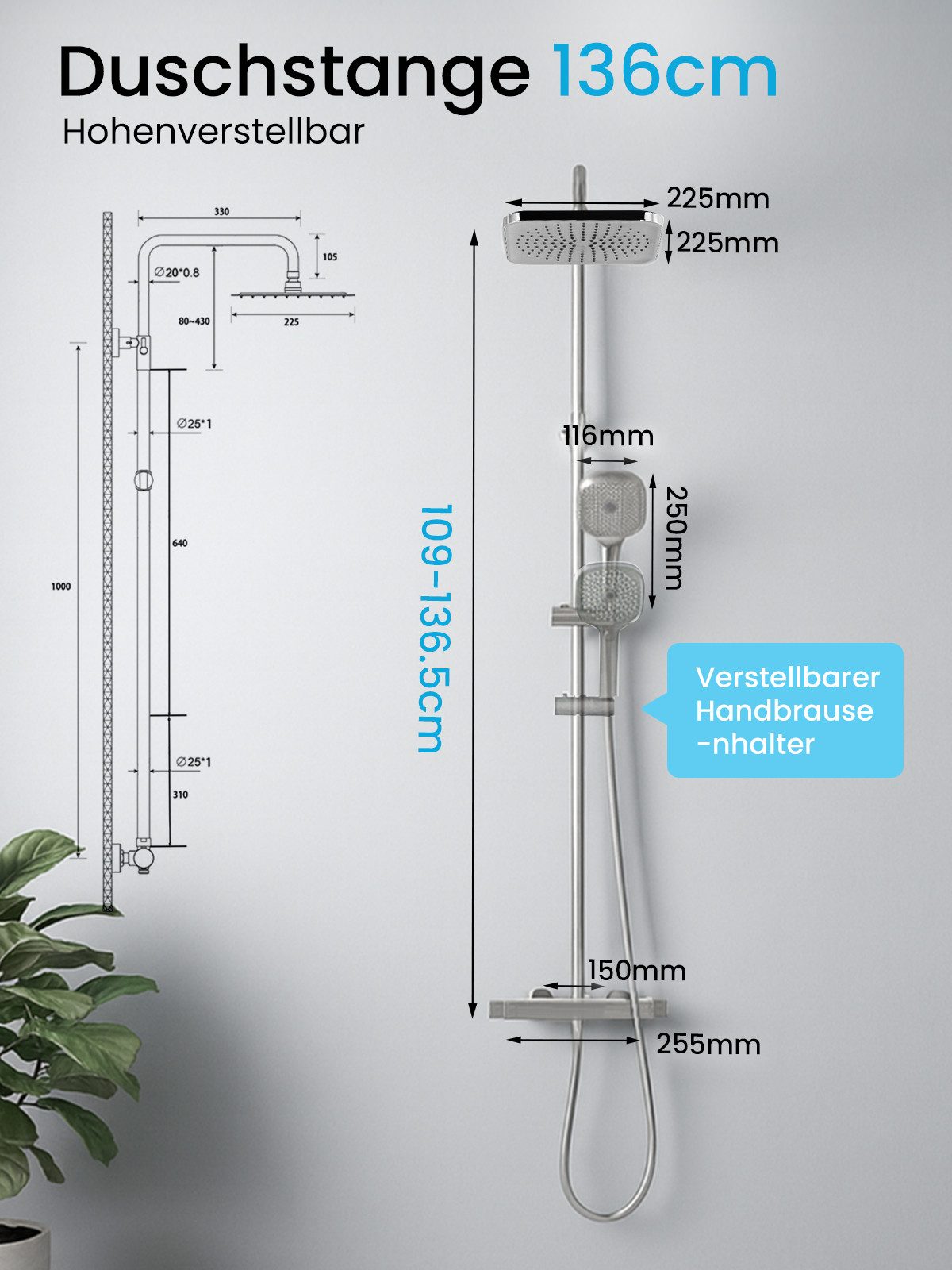 Youyijia Duschsystem Duschsystem mit Thermostat, Duscharmatur Komplettset schwarz