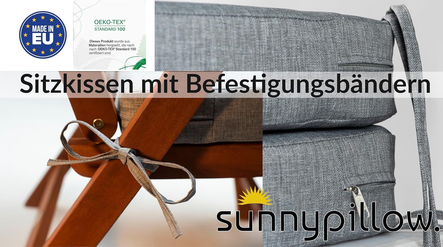 sunnypillow Stuhlkissen 2er Set Stuhlkissen mit Bändern "HAVANA" viele Farben zur Auswahl, Grau