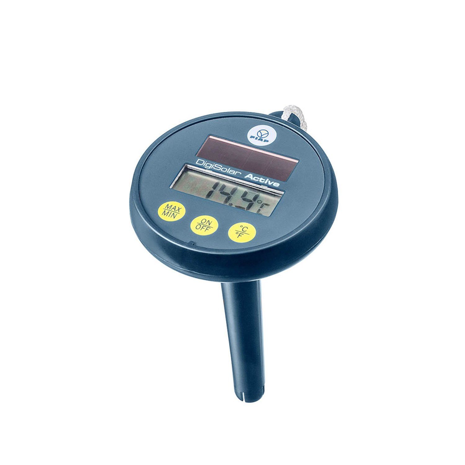 FIAP GmbH Schwimmthermometer FIAP DigiSolarACTIVE - Thermometer - Solarbetrieb, Packung 1-tlg., Digitales Garten-, Schwimmteich- und Poolthermometer, Wassertemperaturmessung in 100 mm Tiefe -20 °C bis +50 °C