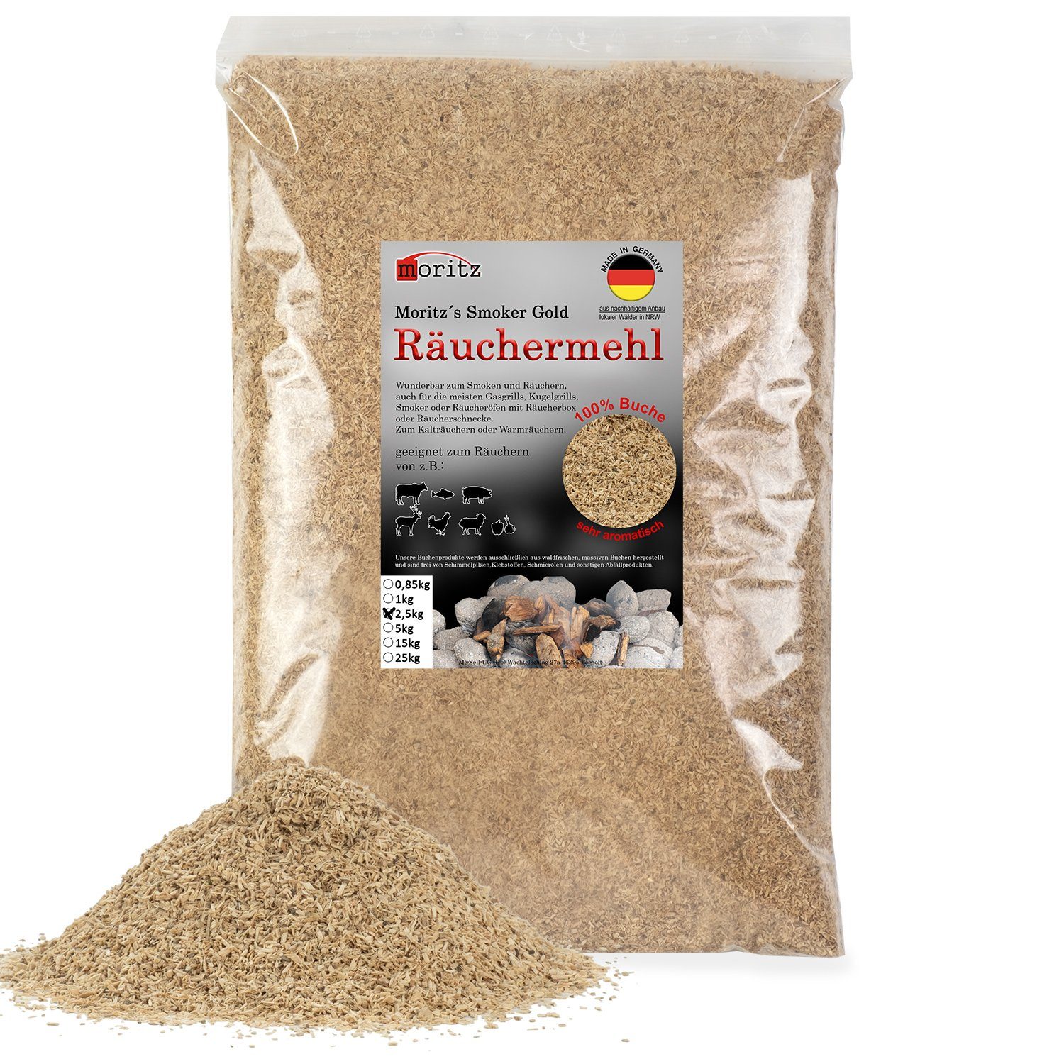 Moritz Räucherbox 2,5kg Räuchermehl Buche fein 0,5 -1 mm zum smoken, räuchern/kalträuchern von Fleisch, Fisch, Gemüse geeignet