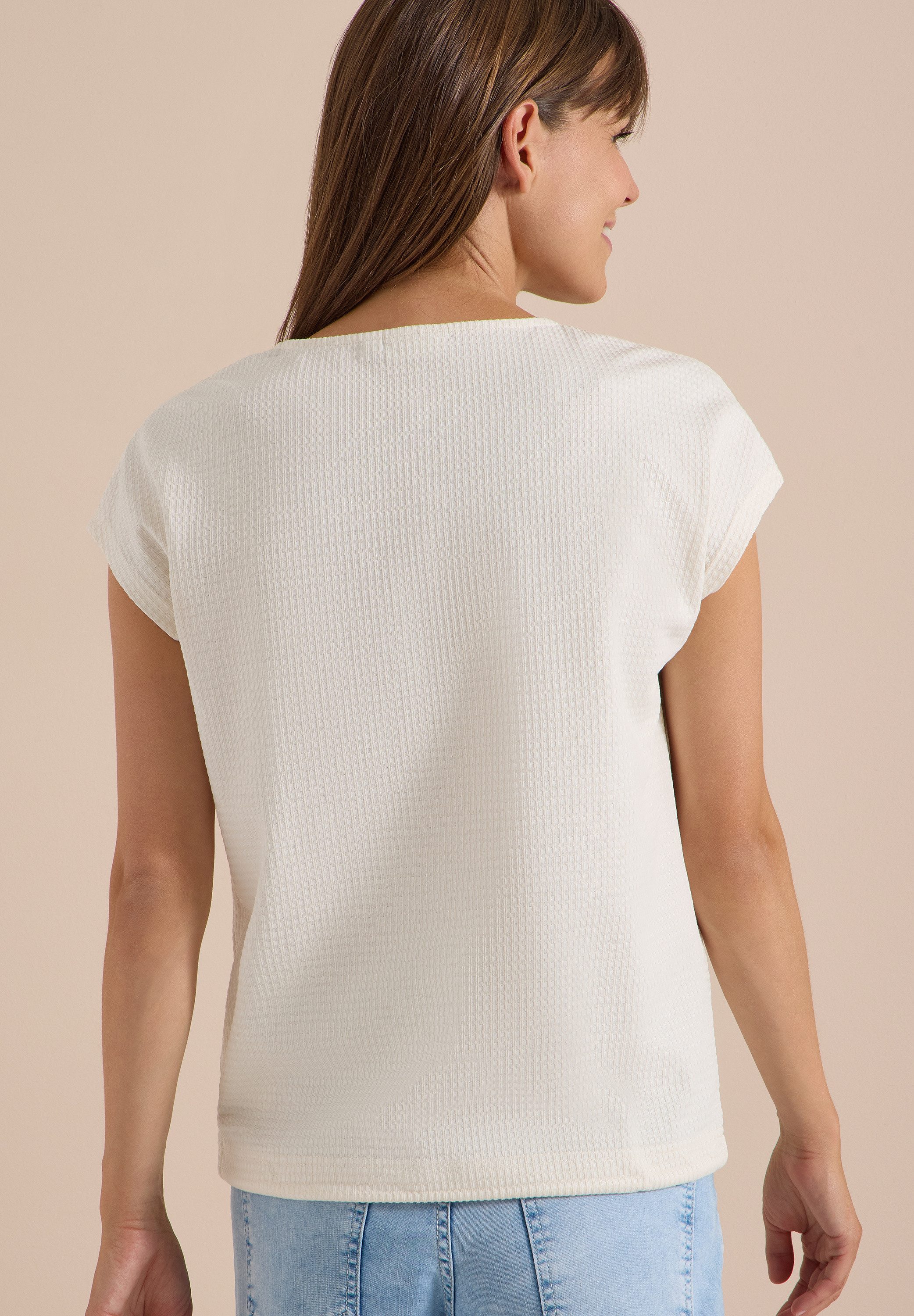 CECIL T-Shirt Sommershirt mit Waffel-Struktur, Baumwollmix, Kordelzug am Saum