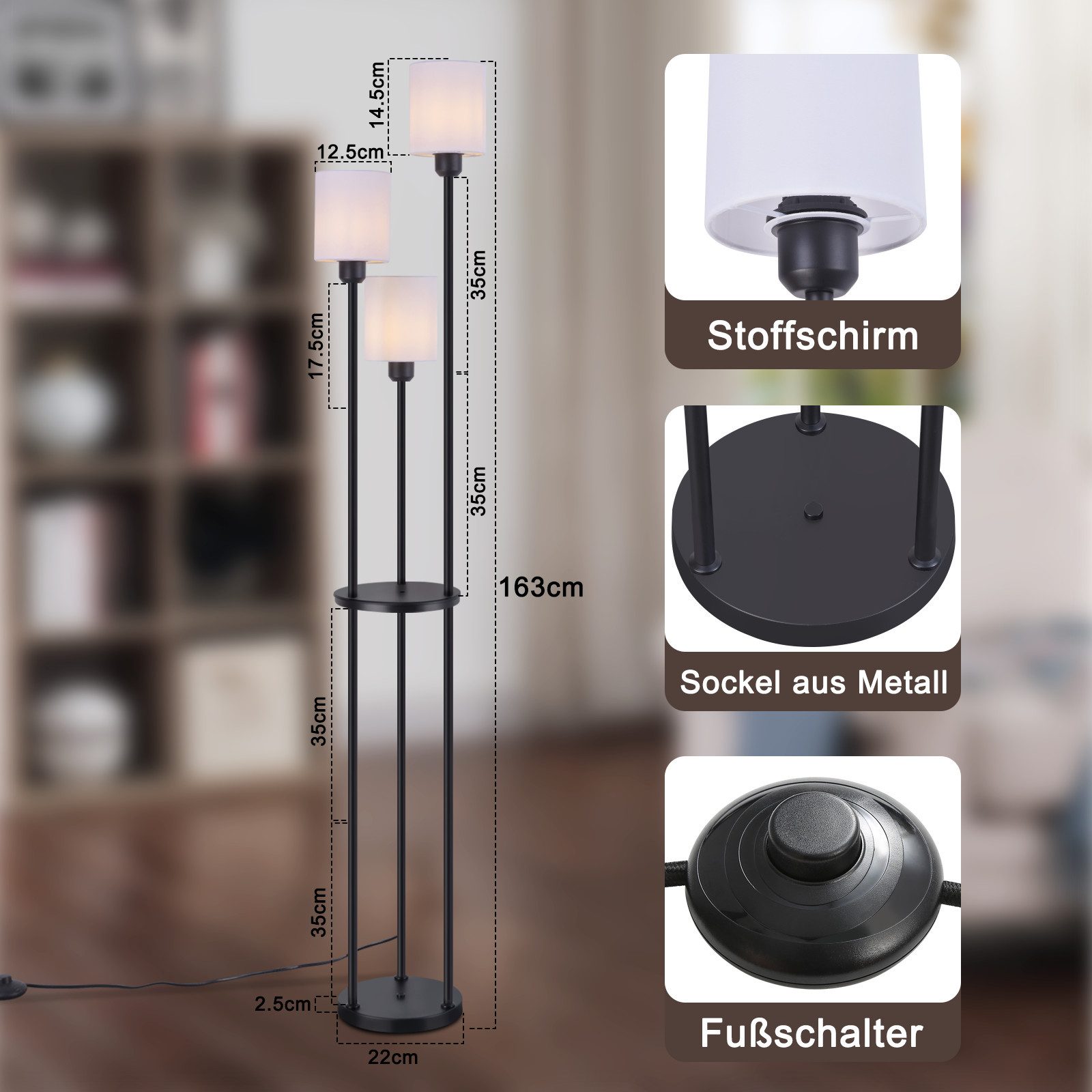 ZMH Stehlampe Wohnzimmer Weiß 3 Flammig günstig online kaufen