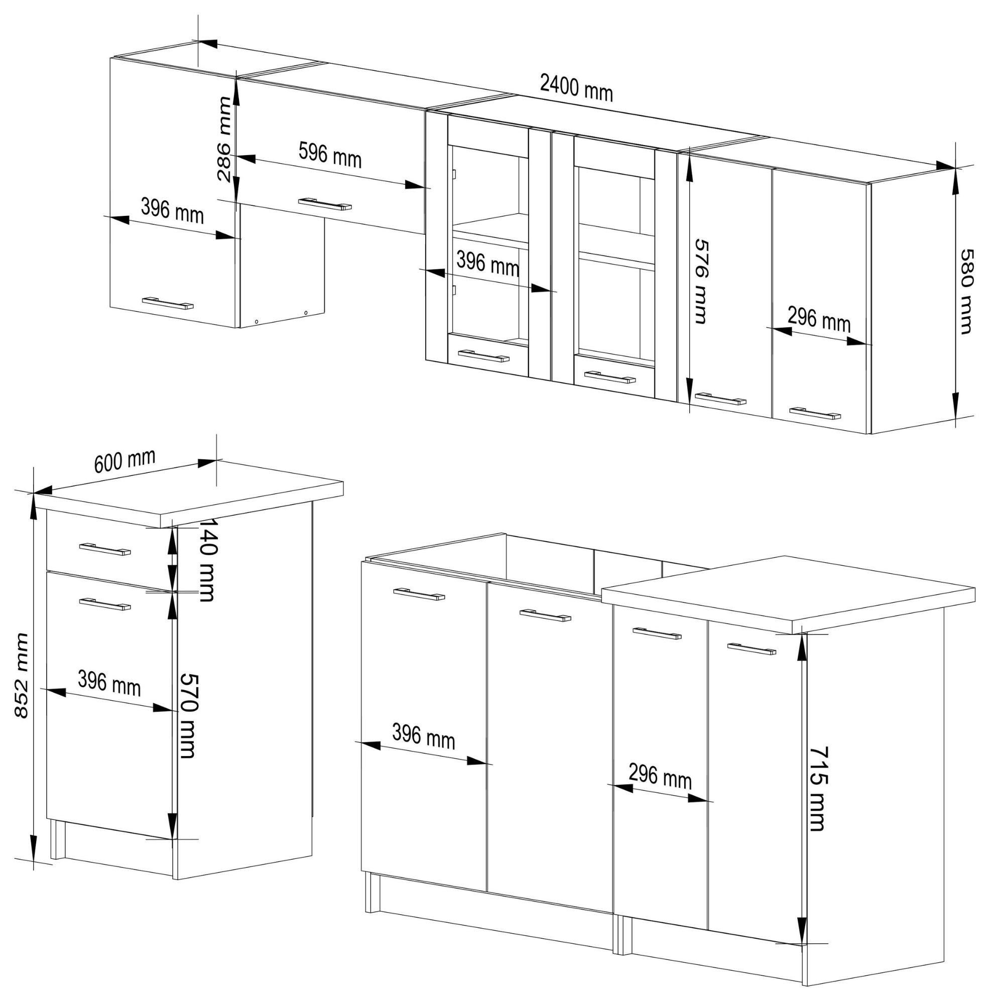 Raumhirsch Furniture Küchenzeile Modularer Küchenblock in Betonoptik - Viel Stauraum - Küchenmöbel, Stylische Küchenzeile mit Hängeschränken & Unterschränken