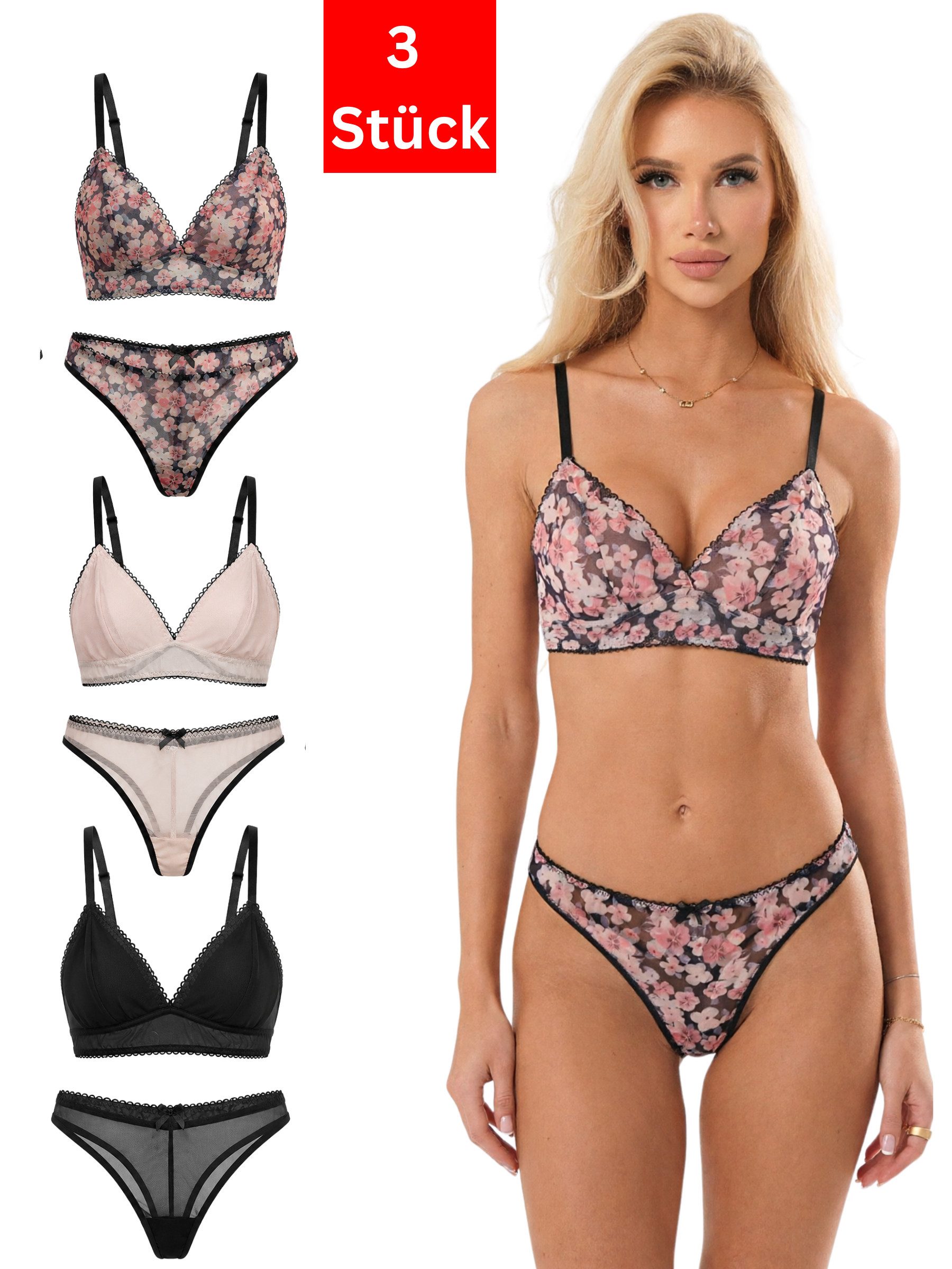 Elegant Love Set: Bügelloser BH Dessous-Set aus Spitze – Romantisches Bralette & String (Set, 2-tlg., mit Tanga, 3-er Pack) Cami-BH & Slip – Komfortables Unterwäsche-Set