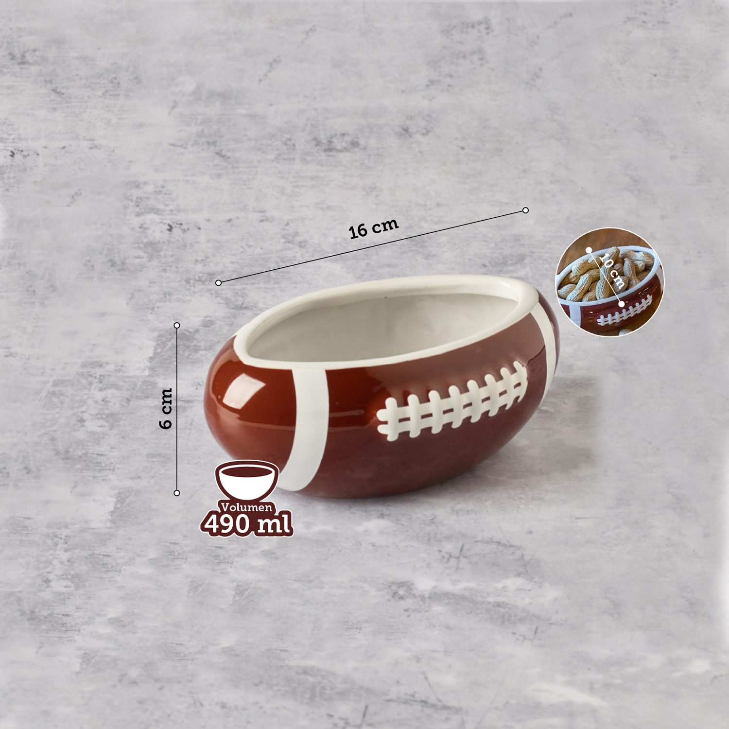 40YARDS Snackschale American Football Snackschale / Schüssel / Bowl, Keramik, (1-tlg), in American Football Form (Größe M, 16 cm Länge)