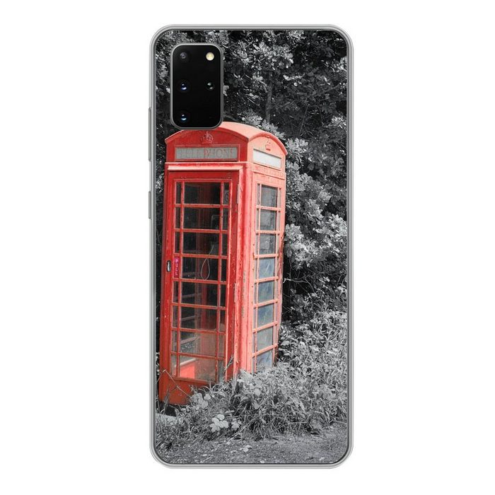 MuchoWow Handyhülle Schwarz-Weiß-Foto einer roten und britischen Telefonzelle im Phone Case Handyhülle Samsung Galaxy S20 Plus Silikon Schutzhülle