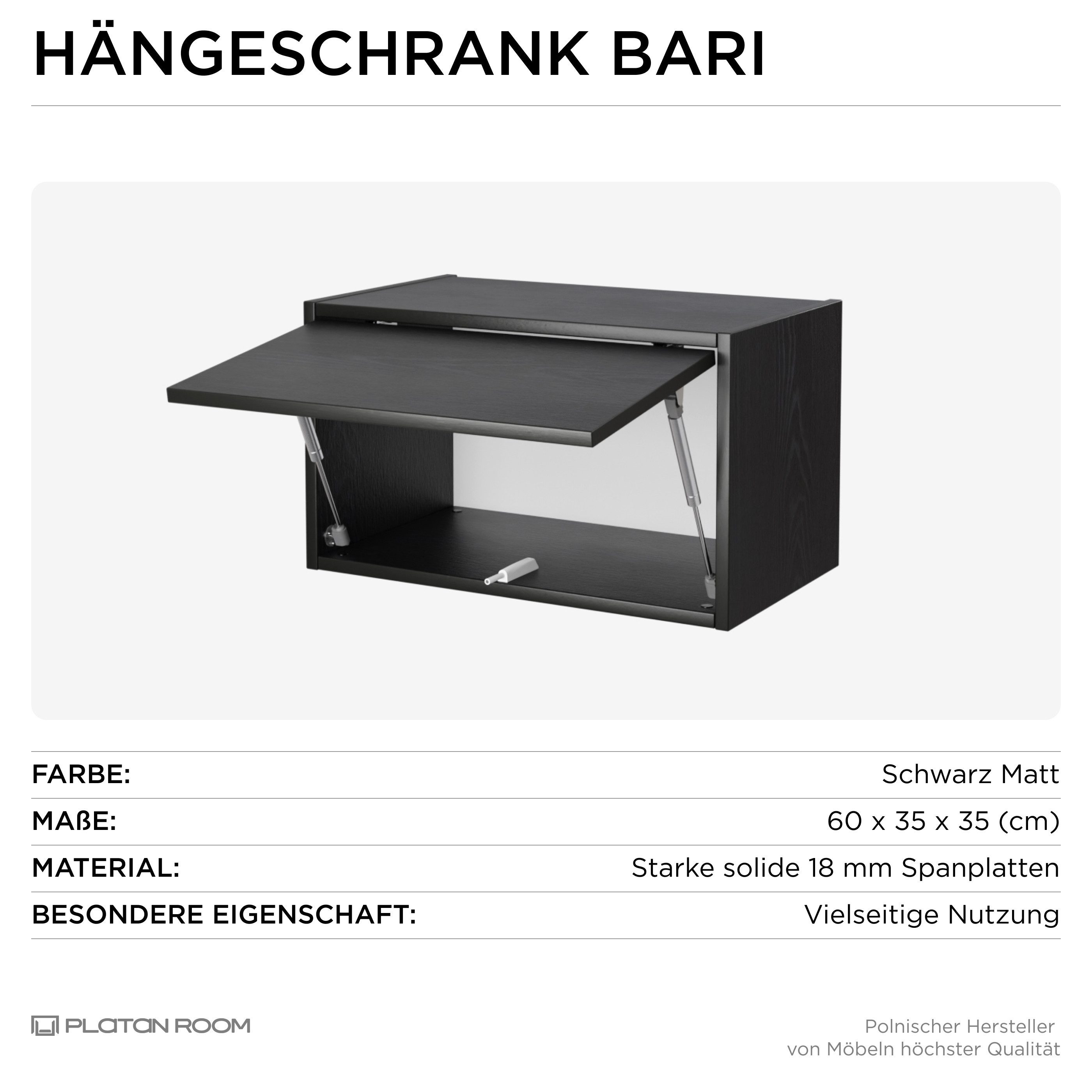 Platan Room Wandhängeschrank BARI, 60 80 100 cm Oberschrank mit Push-to-Open Küchenschrank