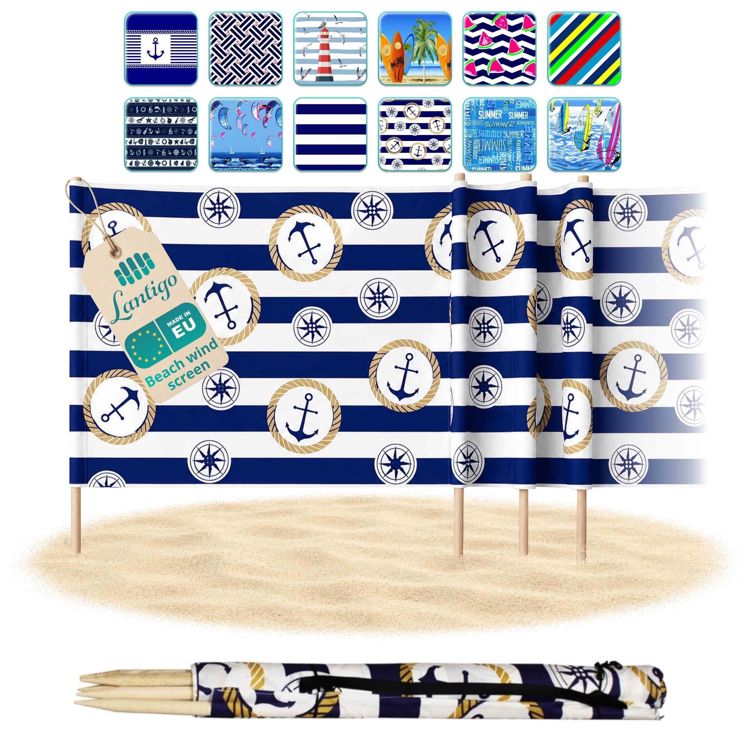 Lantigo Windschutz Sichtschutz Sonnenschutz Strandparavent aus Mikrofaser – portabel, (Anker im Kreis, Länge: 4 m), - Faltbarer Sonnenschutz für Strand, Camping & Garten
