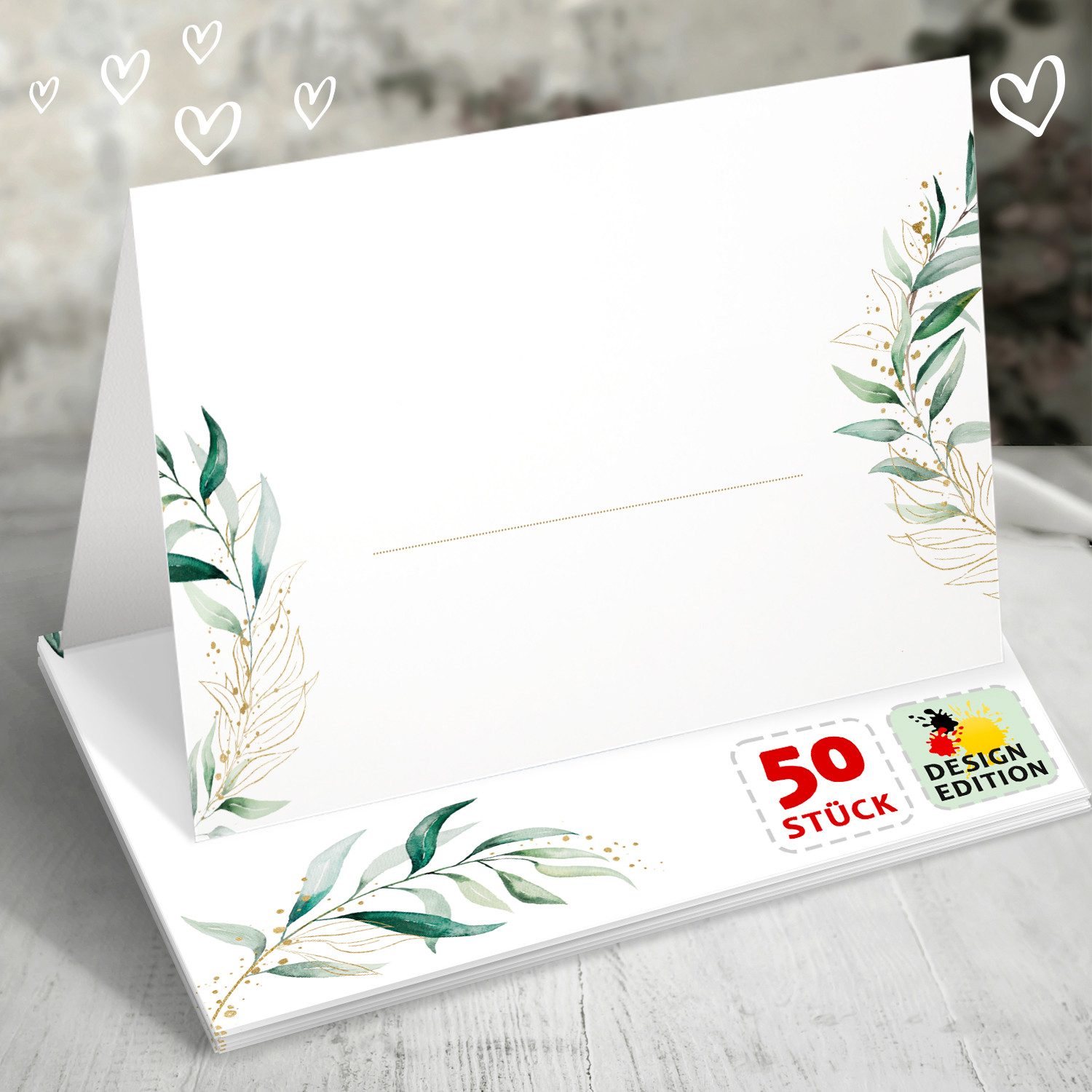 Funke & Brand Grußkarten 50x Namensschilder Hochzeit Floral Glitter Tischkarten