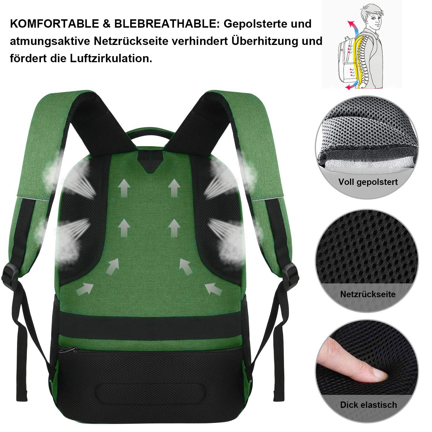 REDOM Reisen Uni Teenager Grün mit Anti-Diebstahl, Rucksack Laptop Rucksack, Damen (Laptop Notebook Rucksäcke Laptoptasche Wasserbeständig Jungen USB-Anschluss, Laptopfach), Tasche Schulrucksack Herren Business Freizeit Schule Arbeit Backpack Laptoprucksack mit Sportrucksack,