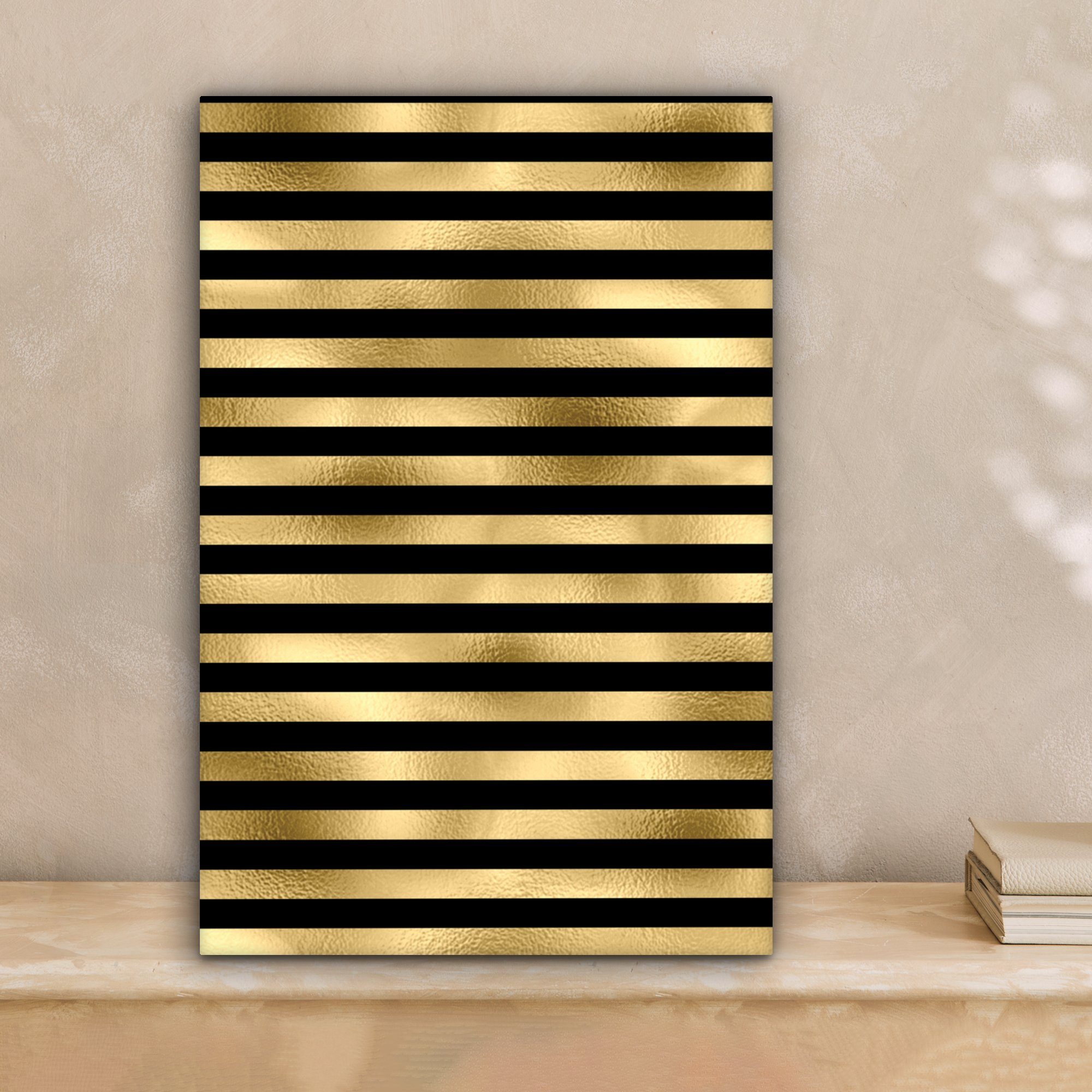 OneMillionCanvasses® Leinwandbild - fertig Gold, Zackenaufhänger, inkl. cm 20x30 - St), (1 Gemälde, bespannt Muster Streifen Leinwandbild