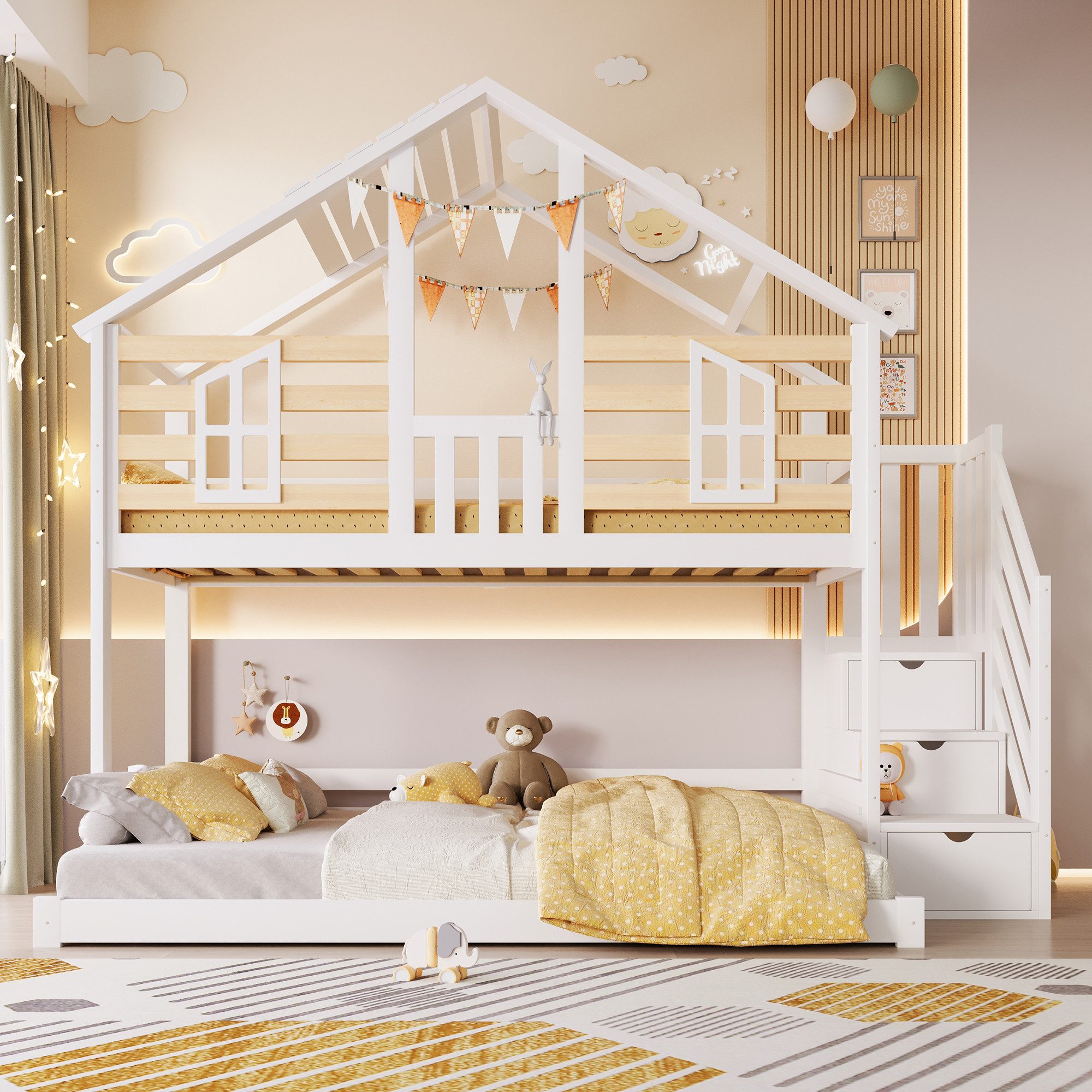 Merax Etagenbett 90x200/140x200cm im Hausdesign (Jugendbett Doppelbett, 1-St), Massivholz Stockbett Kinderbett mit Stauraumtreppe Fenster Dach Zaun