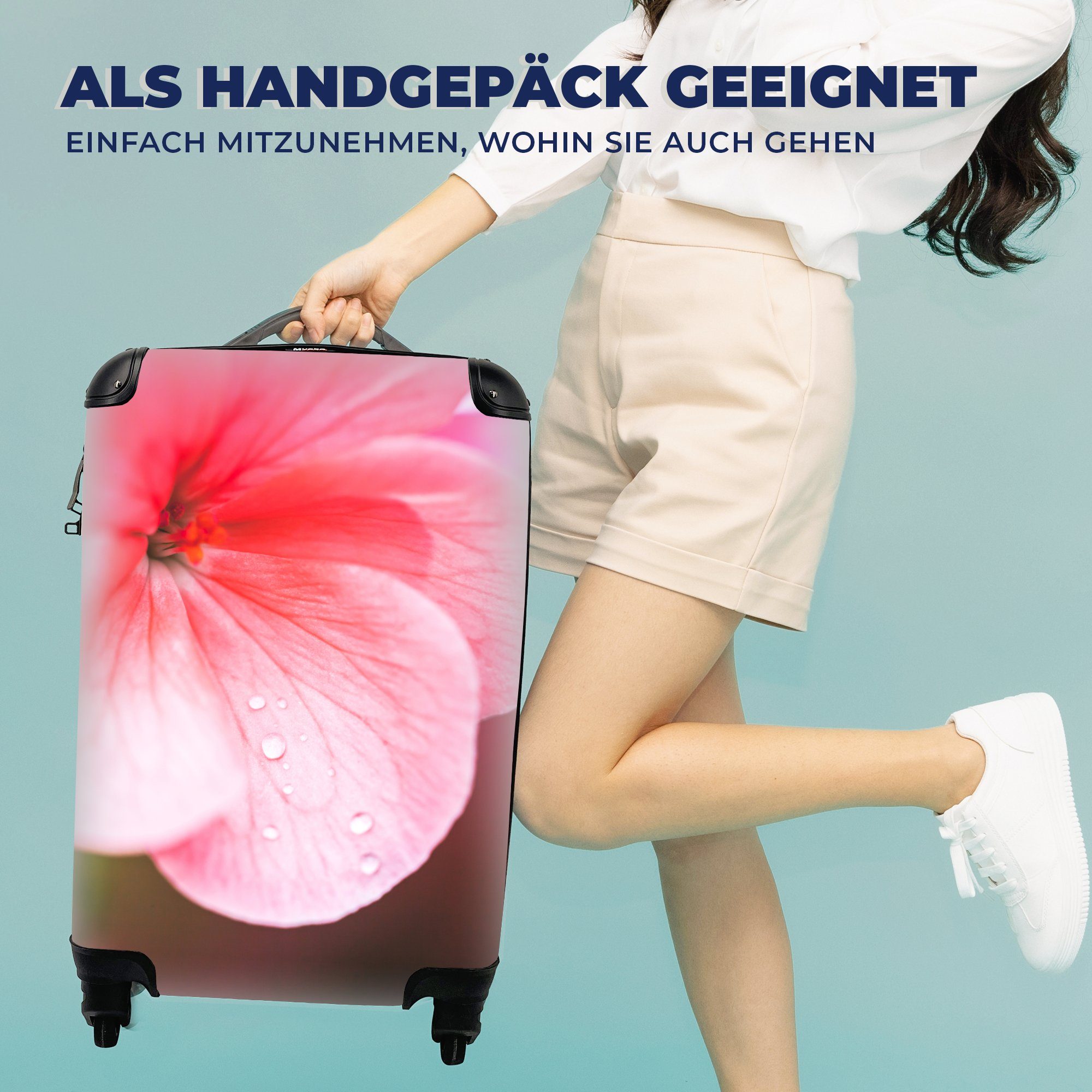 Reisekoffer Handgepäckkoffer rosa mit Rollen, Wassertropfen für der Geranie, rollen, Reisetasche Ferien, auf Trolley, 4 MuchoWow Handgepäck