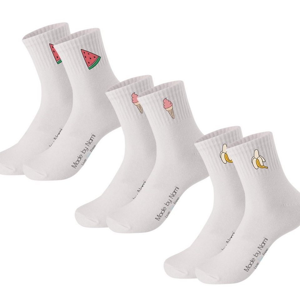 Made by Nami Socken Crew Socks Tennissocken weiß - Print - Baumwolle (3-Paar)  41-44, atmungsaktiv, sowohl Handwäsche als auch maschinelle Wäsche möglich  (30-40°C)