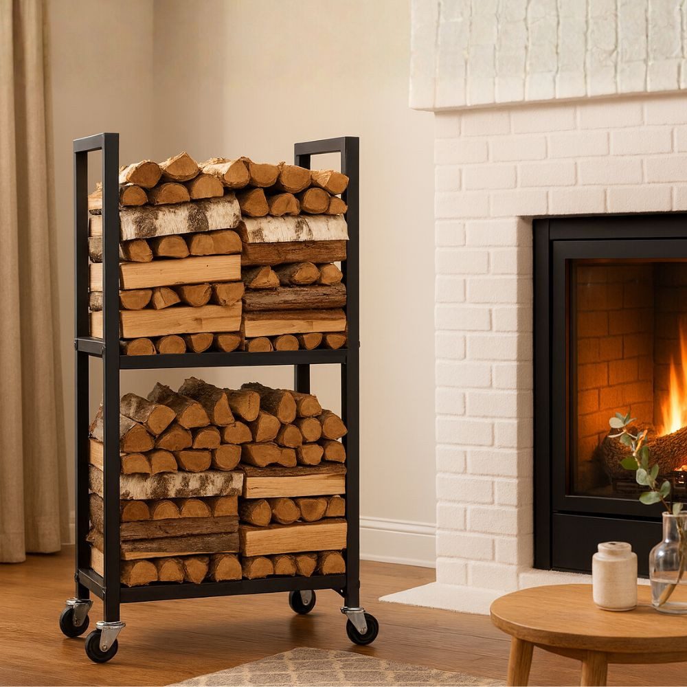 PROREGAL® Kaminholzregal PHOENIX mit Rollen & 2 Ebenen 82x44x28cm Metall Schwarz Holzständer, Holzständer Holzhalter Kaminholzständer Brennholzregal