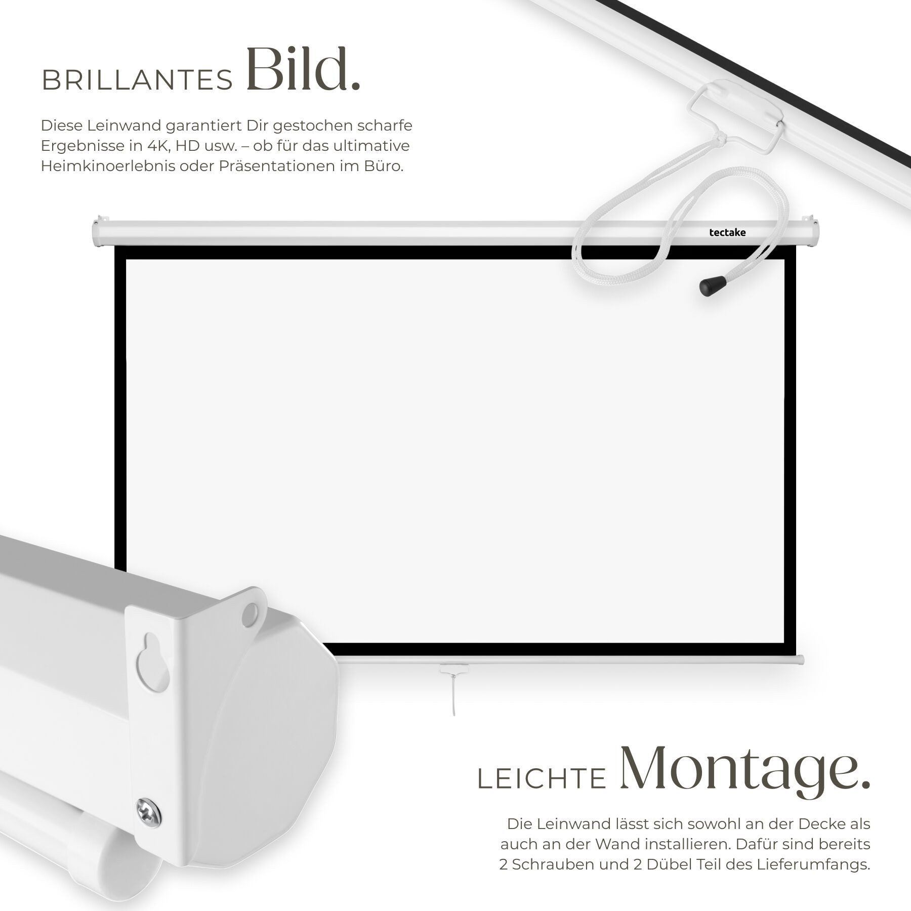 tectake Beamer-Leinwand für 4K, HD, Ultra HD und Full HD, Format 16:9, 72“ Deckeneinbauleinwand (Gain-Faktor 1, 0, Wand- oder Deckenmontage, faltenfrei, robust)