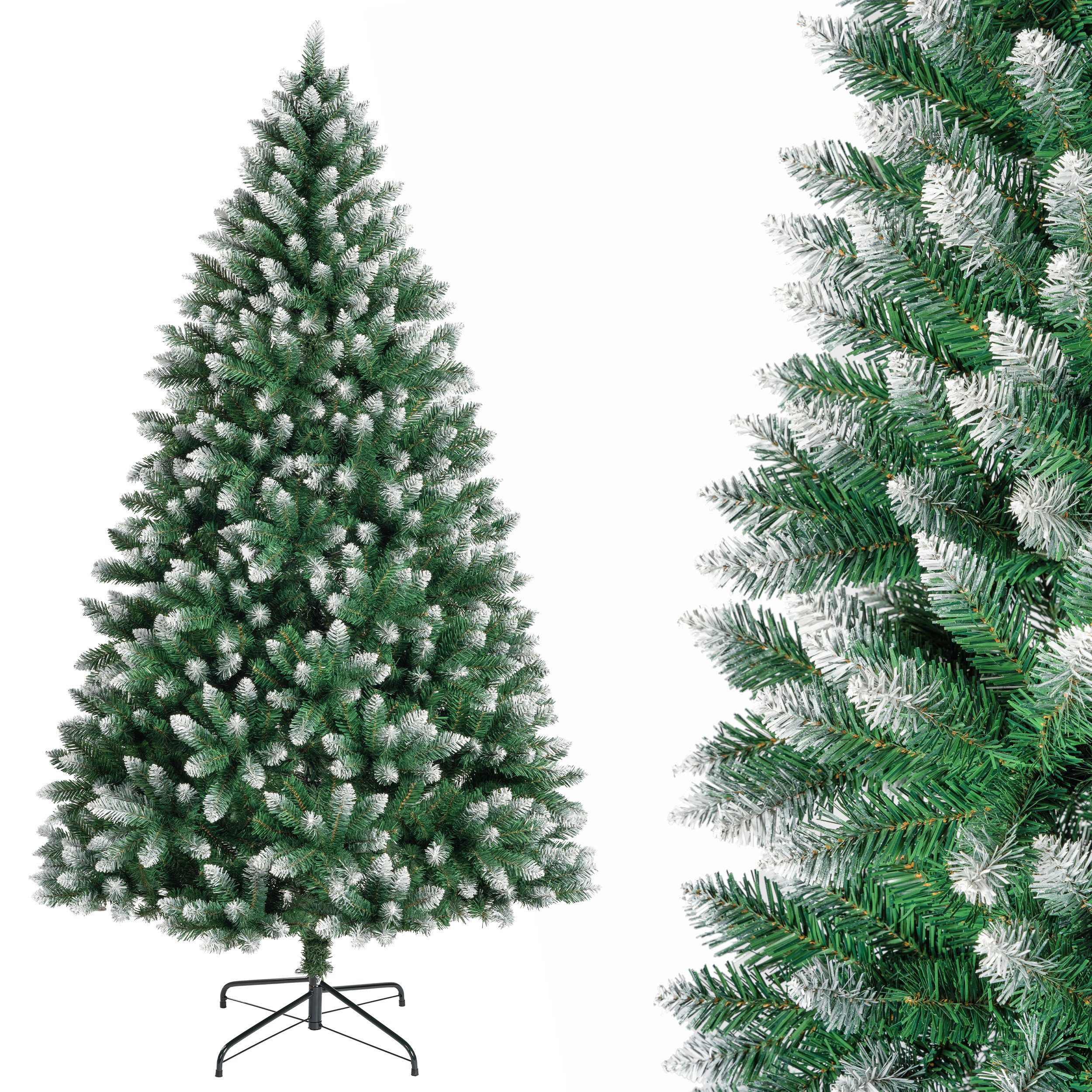 Sinaopus Künstlicher Weihnachtsbaum 180 cm Tanne mit Schneespitzen, PVC, Lichterkette, 8 Lichtmodi, Grüne Tanne mit Schneespitzen, dichte PVC-Zweige, winterliche Optik, Warmgelbe Lichterkette, 8 Modi, Schneespitzen, formbare Zweige