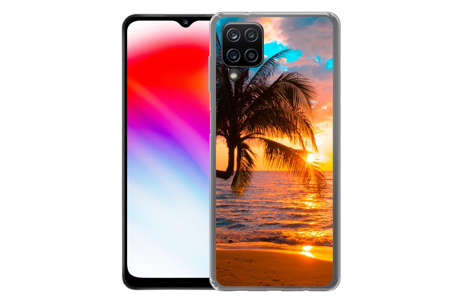 MuchoWow Handyhülle für Samsung Galaxy A12 Palme - Sonnenuntergang - Horizont - Strand - M, Smartphone-Bumper, Print, Handy Schutzhülle Dünn