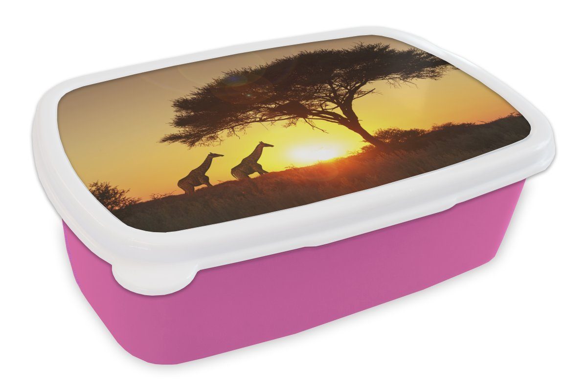 MuchoWow Lunchbox Giraffen - Sonne - Baum - Schatten, Kunststoff, (2-tlg), Brotbox für Erwachsene, Brotdose Kinder, Snackbox, Mädchen, Kunststoff rosa