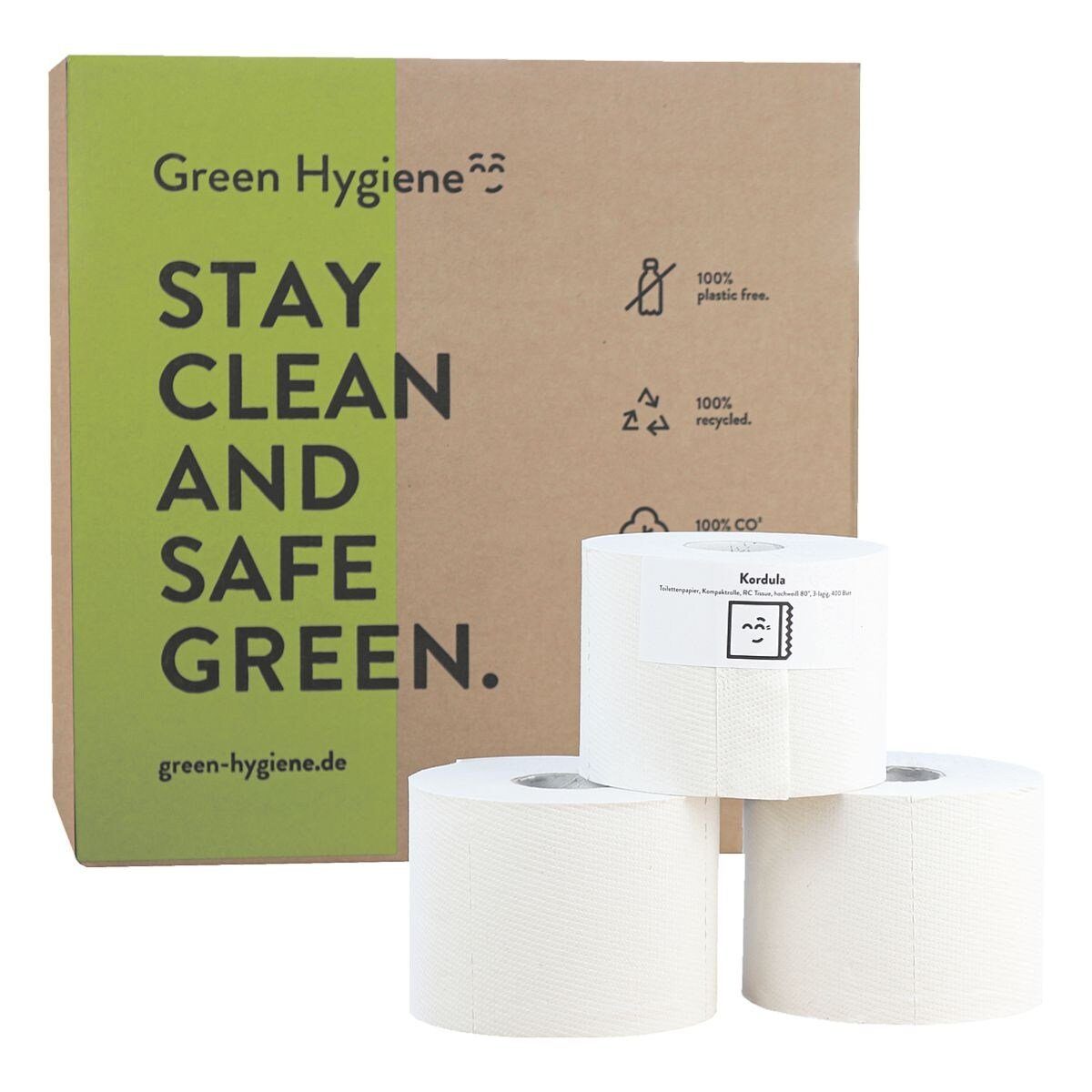 Green Hygiene® Toilettenpapier Kordula (36-St), Recycling, 3-lagig, weiß mit Prägung, parfümfrei, 400 Blatt/Rolle