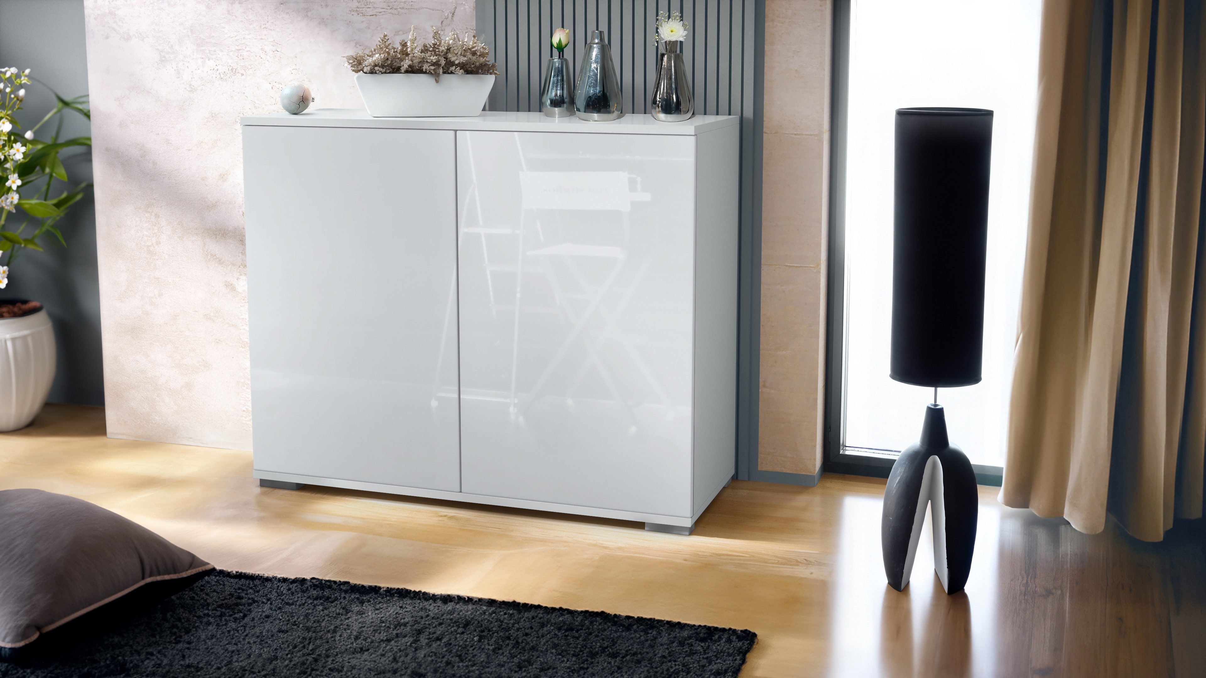 Vladon Kommode Skadu V3 (Moderner Küchenschrank, mit 2 großen Türen), Weiß matt / Weiß Hochglanz (92,5 x 75.5 x 35)