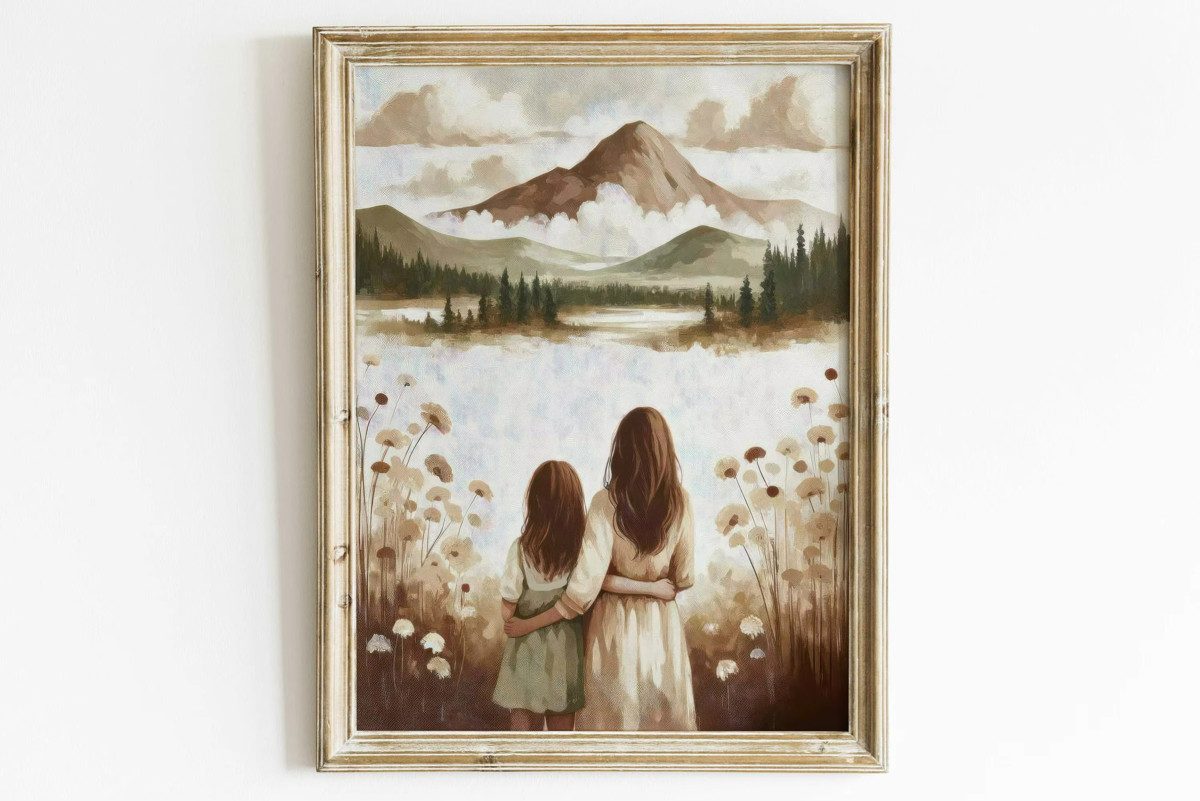 TPFLiving Kunstdruck (OHNE RAHMEN) Poster - Leinwand - Wandbild, Mutter und Kind Wandkunst Home Decor Leinwand Malerei (Leinwandbild XXL), Farben: Braun, Grau, Schwarz, Weiß, Blau, Gelb -Größe: 20x30cm