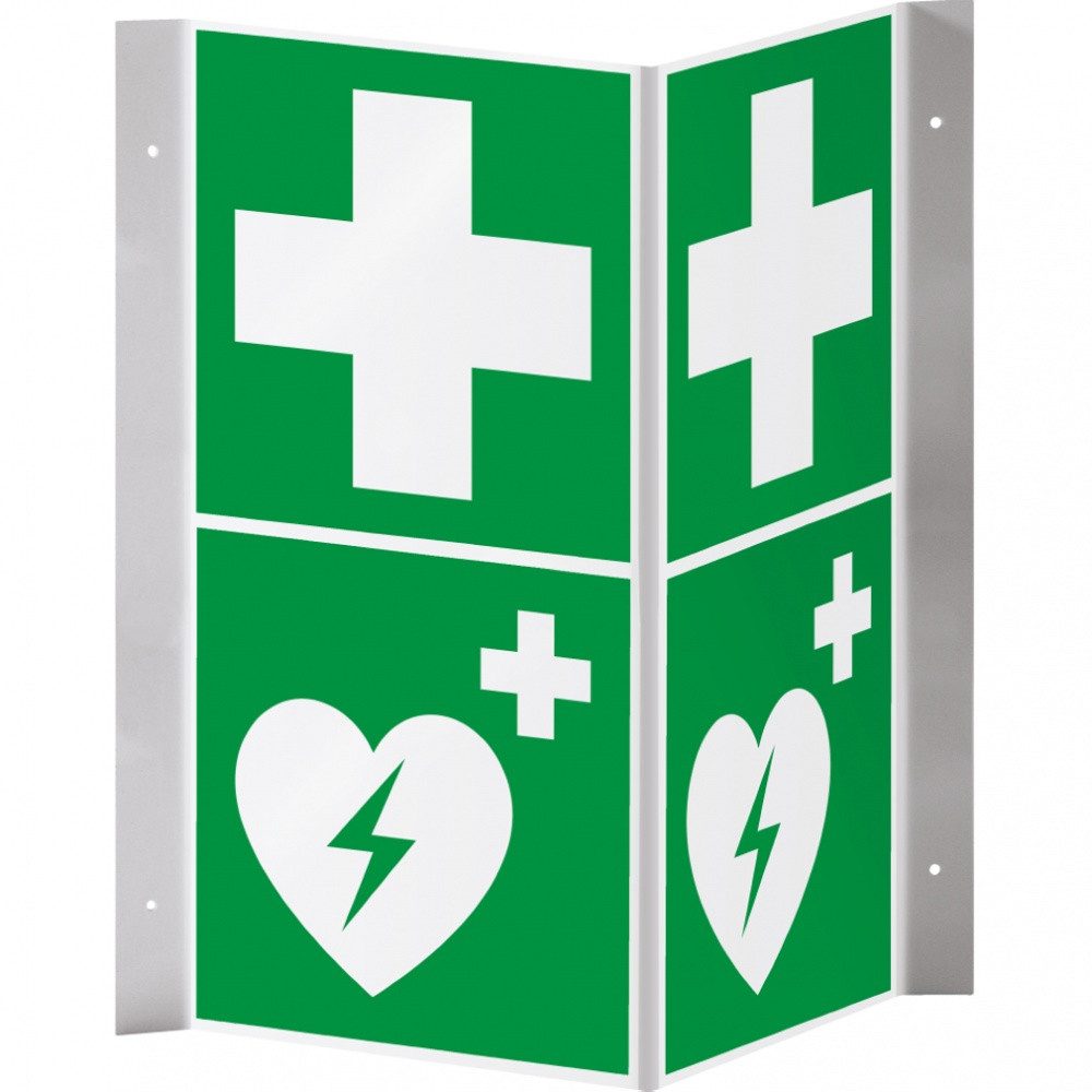 Dreifke Hinweisschild Rettungs-Nasenschild Erste Hilfe und Defibrillator, PVC, 200x400mm, Kunststoff-Schild