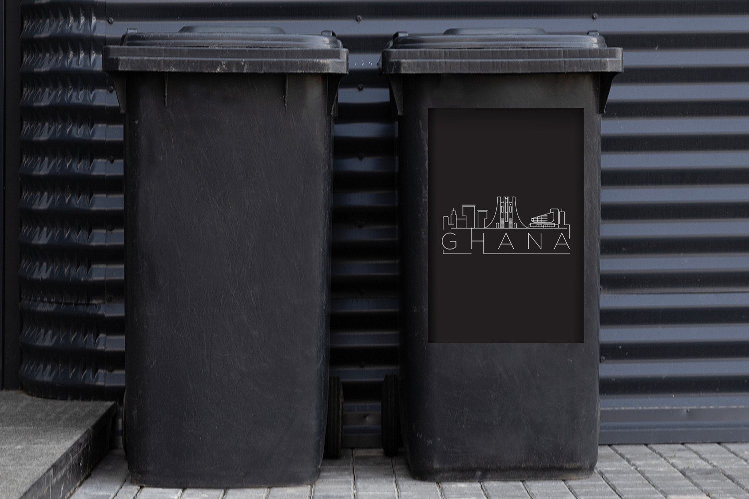 (1 auf Wandsticker Sticker, MuchoWow Container, Mülleimer-aufkleber, St), schwarz Skyline Mülltonne, weiß Abfalbehälter "Ghana"