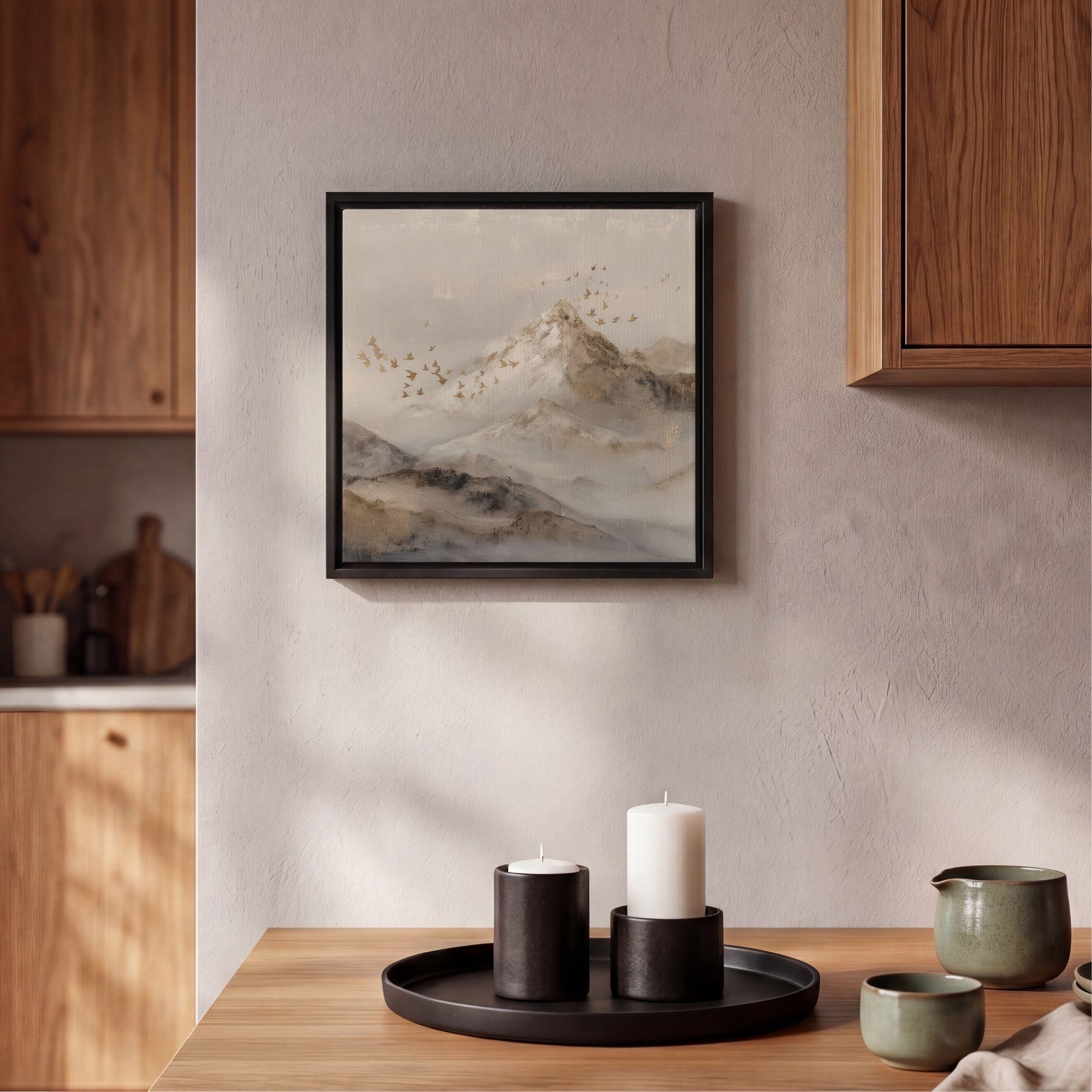 OneMillionCanvasses® Leinwandbild mit Rahmen - Berglandschaft - Nebel - Pinselstriche, Fotodruck (1 St), Leinwand Bilder Klein, Wand Dekoration Aesthetic 20x20c – Bild 2 von 5