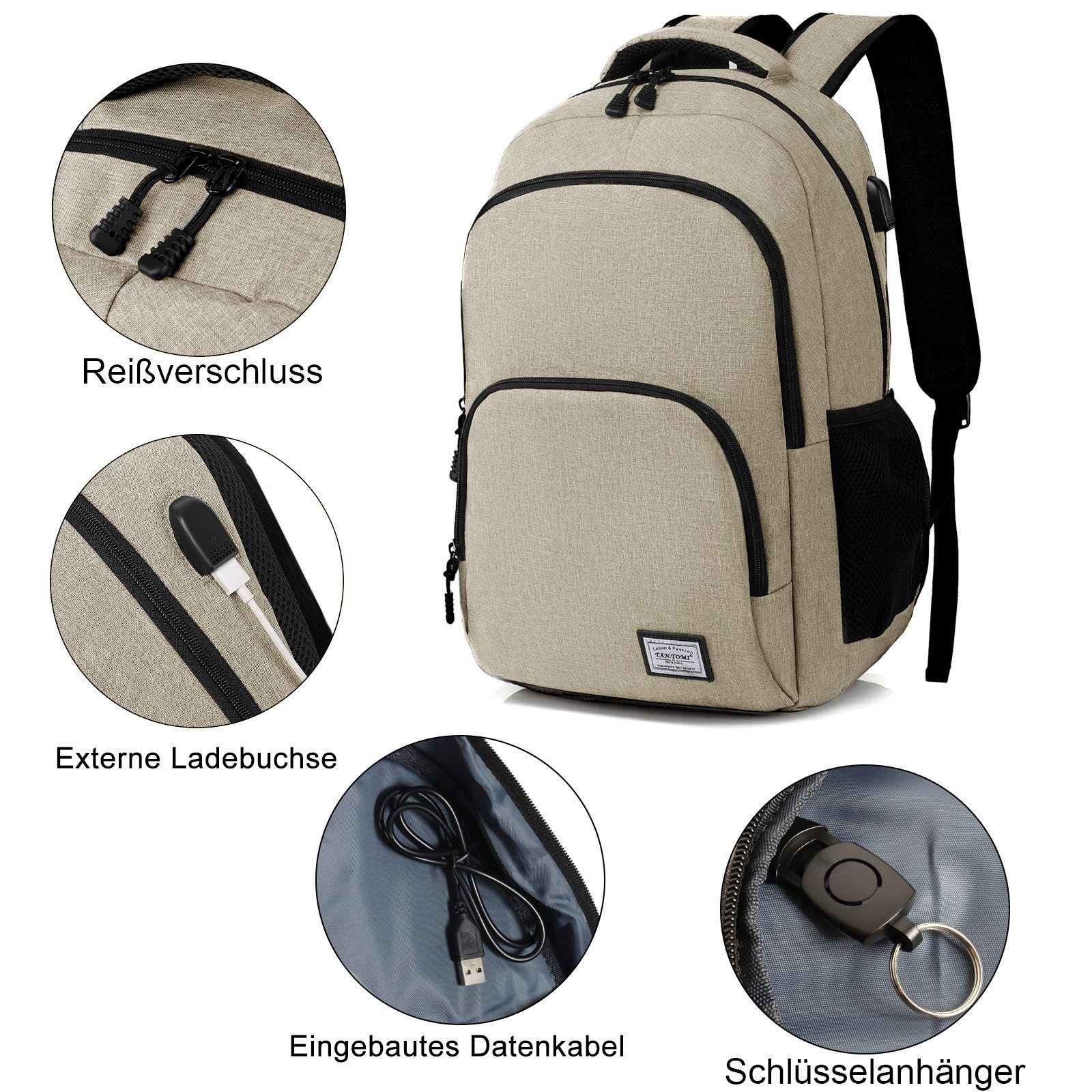 TAN.TOMI Rucksack Laptop Rucksack Herren Große Kapazität Casual Rucksack, für 15,6" Laptop mit USB Ladeanschluss für Reisen