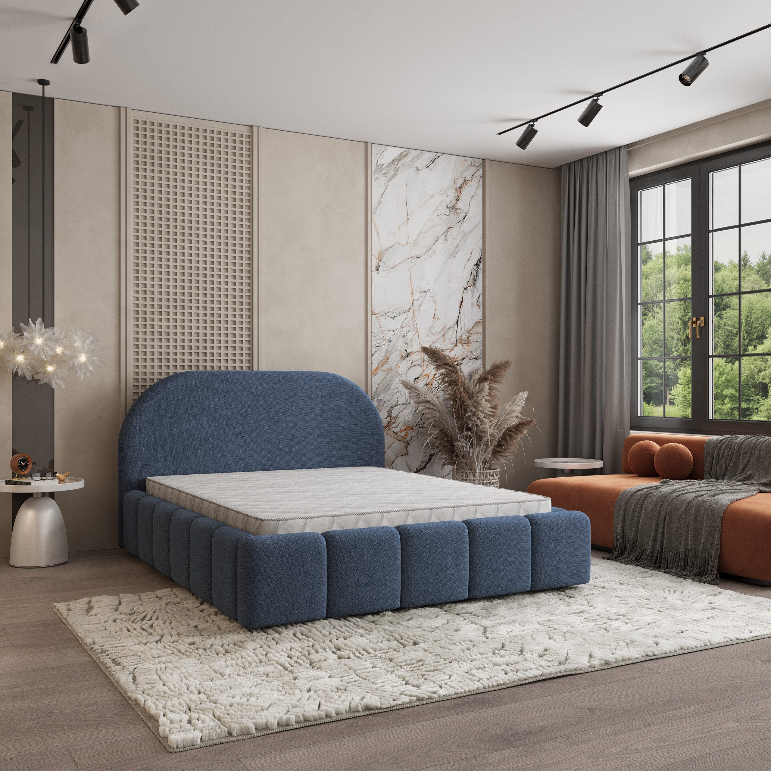 Masseno Polsterbett FLUSSO 120x200 cm blau (mit Bettkasten und Lattenrost)