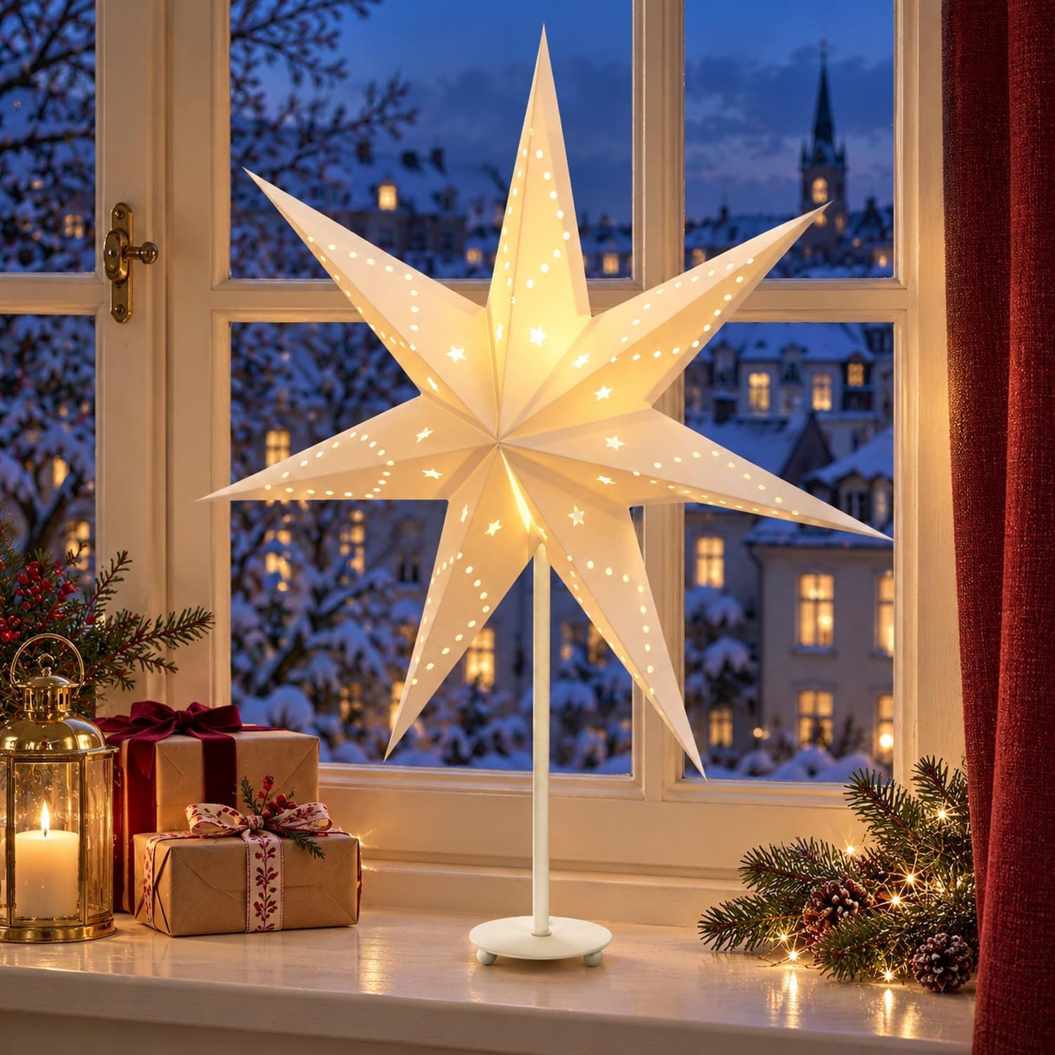 Salcar LED Stern Weihnachtsstern papierleuchtsterne Papierstern Lichterkette-35/55/75cm, 35cm Schreibtischlampe, Dekoration Sterne Warmweiß …