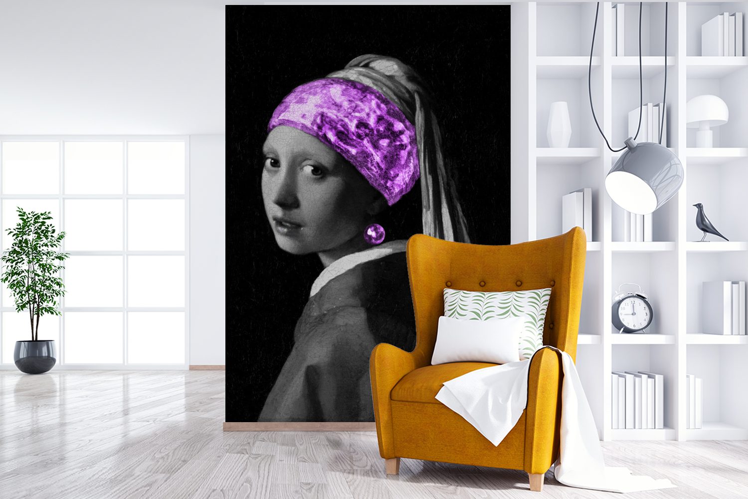 Tapete Vermeer (3 Mädchen Wohnzimmer, mit Das bedruckt, MuchoWow Johannes dem Vinyl Montagefertig Matt, Wandtapete Perlenohrring Lila, - Fototapete für - St),