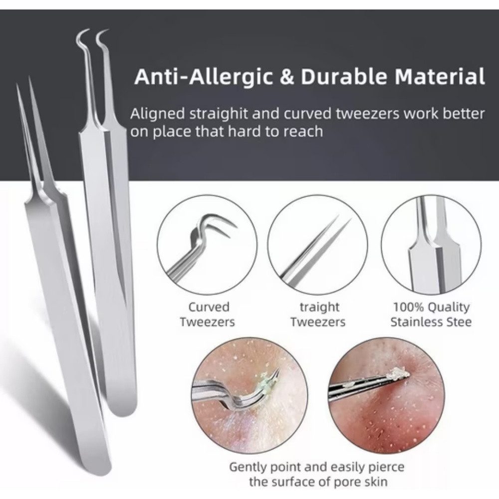 POPOLIC Pickelnadel Pickelnadel Akne-Nadel-Set gebogene Mitesserentferner 15-teiliges, 1-tlg., 15-in-1-Profi-Kit, Professioneller Gesichts-Mitesserentferner aus Edelstahl