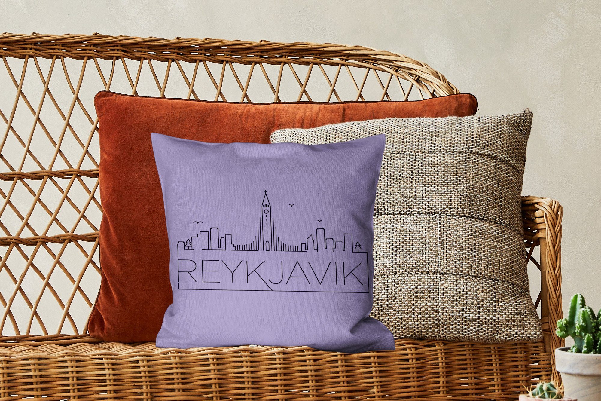 "Reykjavik" mit violetten Sofakissen Hintergrund, Zierkissen vor Stadtbild Deko, für Füllung MuchoWow Dekokissen Wohzimmer, einem Schlafzimmer,