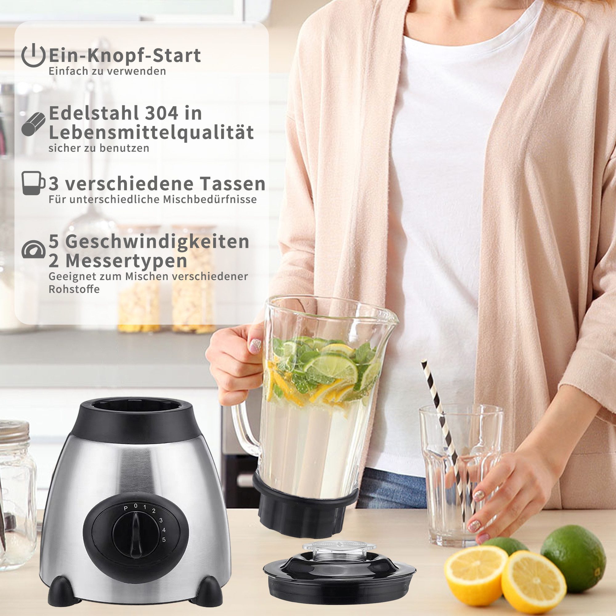 Forrlite Standmixer Standmixer,Mixer VitaBoost,Edelstahl Silber Glas Smoothie Mixer Maker, 1500 W, 1500,00 W Ice Crush Funktion,Milchshaker Blender 1,5 L,Eiscrusher