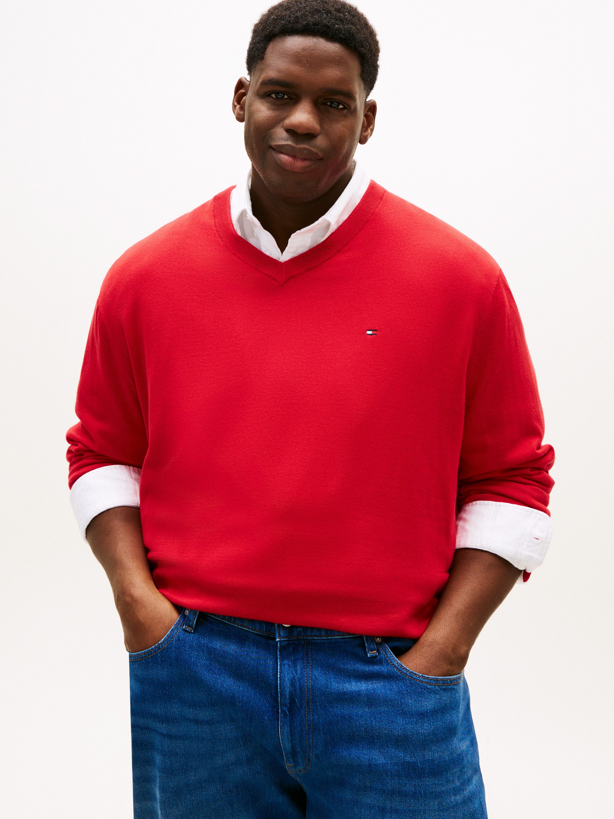 Tommy Hilfiger Big & Tall V-Ausschnitt-Pullover BT-ESSENTIAL COTTON (Rippbündchen am Ärmel, Saum und Ausschnitt) Große Größen, normale Passform