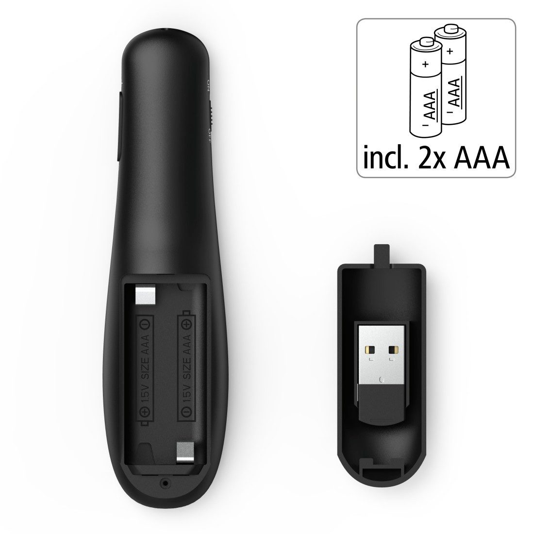 Hama Wireless-Laser Presenter, 12 m Reichweite, Laserpointer, Batterie Fernbedienung (USB-Empfänger verstaubar, Batteriebetrieb, Smart-Link)