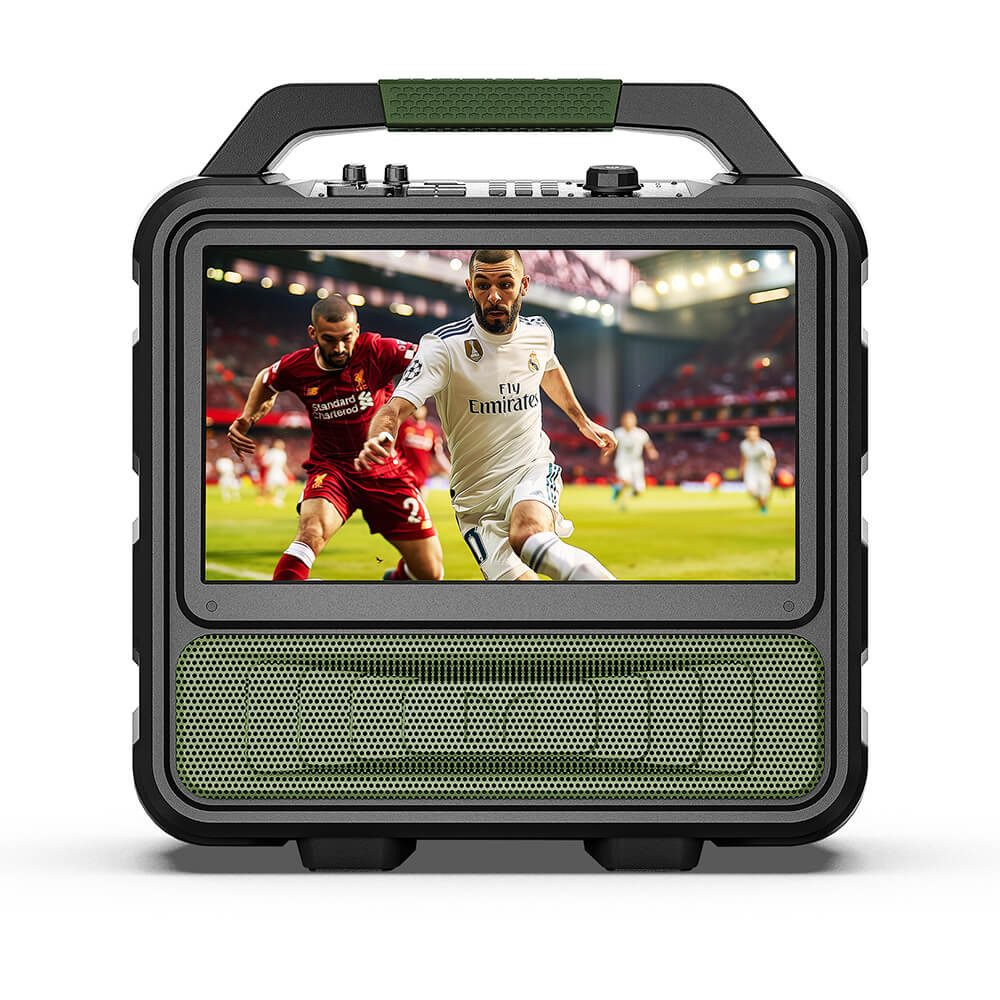 Monster Vmay mit integriertem 15,6 Zoll Full-HD-IPS-Fernseher 60W Portable-Lautsprecher UNTERSTÜTZT den Fire TV Stick, die Android TV Box oder die TV-Tuner-Antenne (Bluetooth, 60 W, 8 Stunden Videowiedergabe)