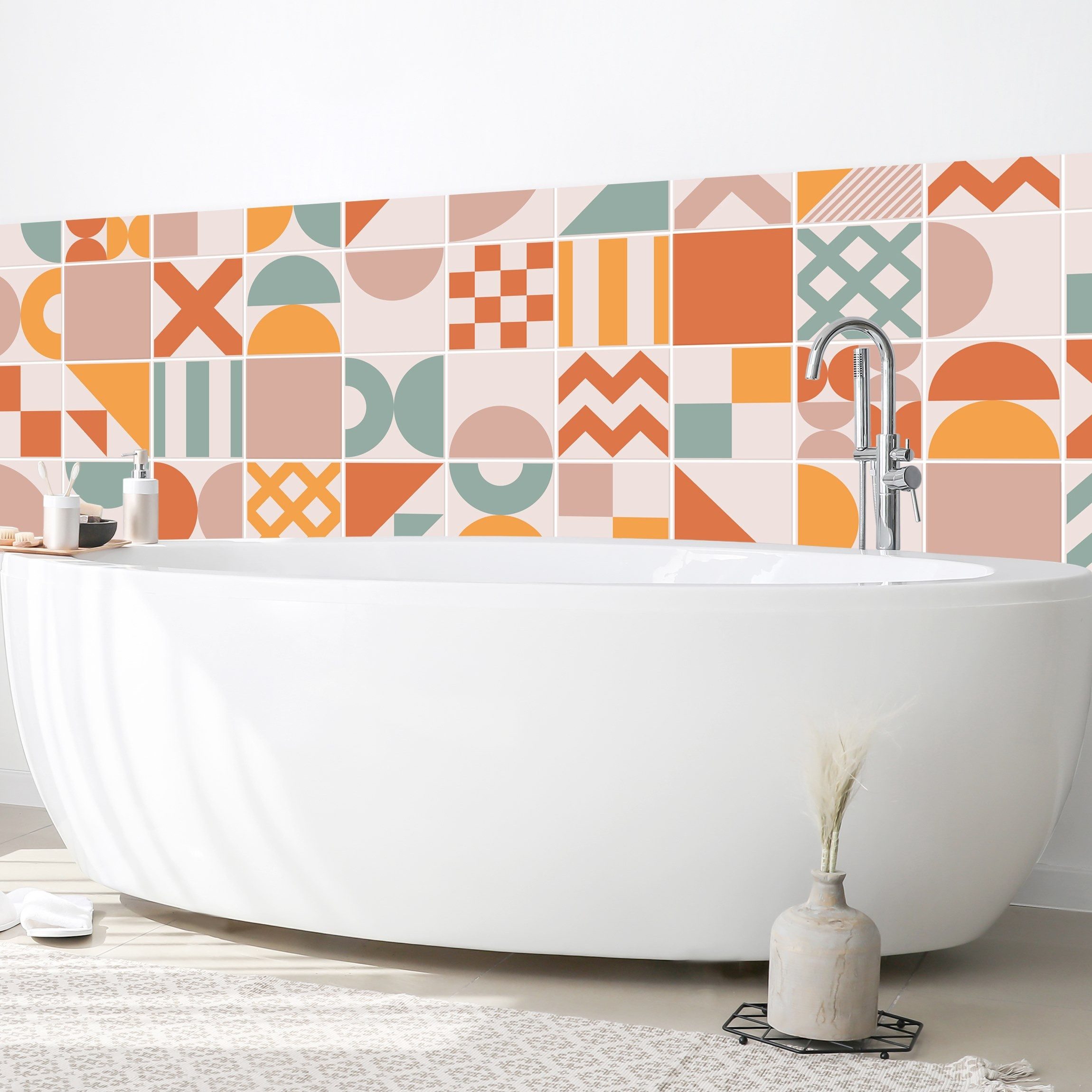 Bilderdepot24 Badrückwand orange fugenlose Wandverkleidung Bad Abstrakt, (Hartfolie matt » Selbstklebend SMART 0,35 mm), wasserfestes Wandpaneel Geometrisch Apricot Türkis