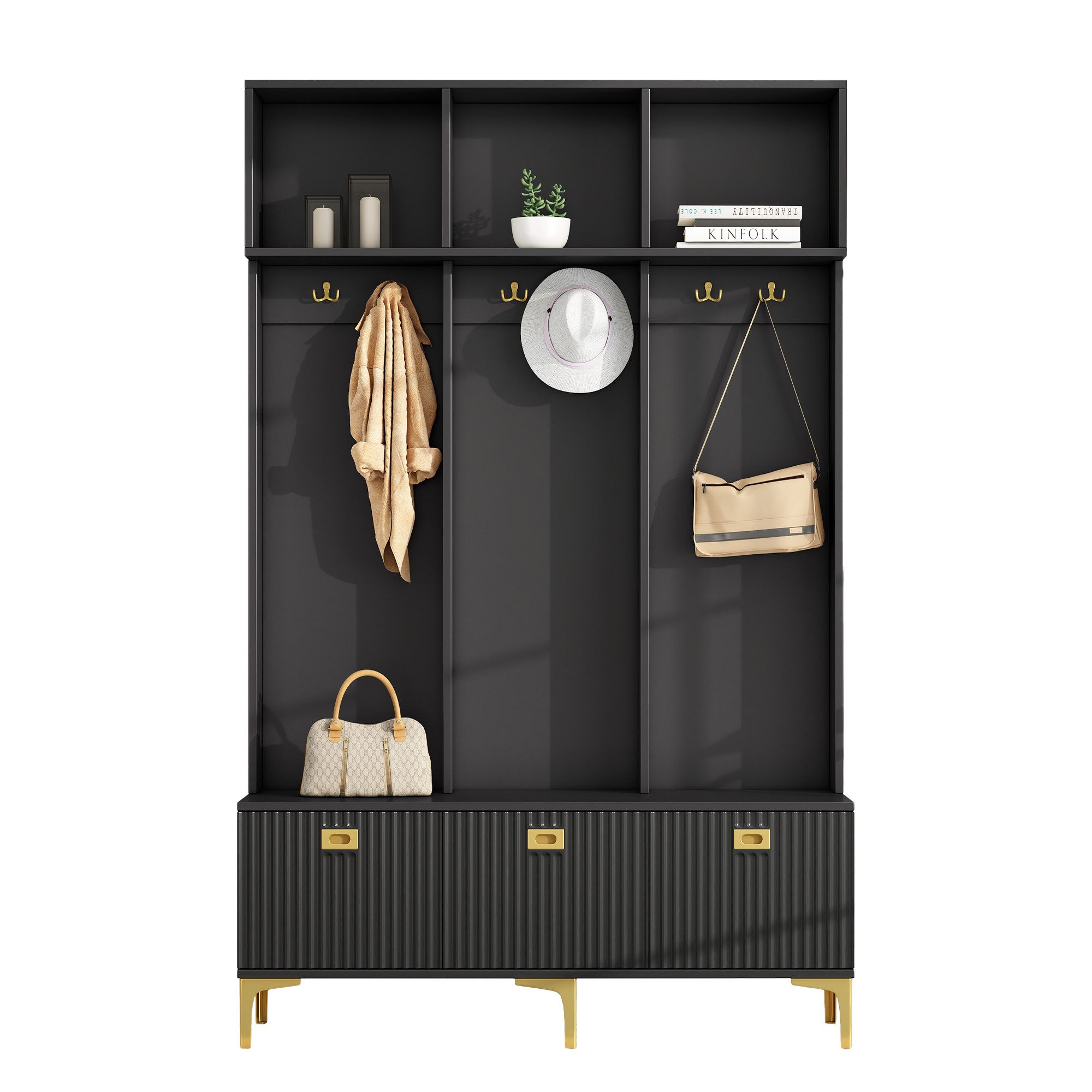 BlingBin Garderoben-Set Wandgarderobe, Flurgarderobe Set mit offene Aufbewahrung, (1er Set, 1-St., 6 goldene Haken und Füße, B120/D23.5/H191.5CM), multifunktionale Aufbewahrungsbank, für Flur, Wohnzimmer, weiß