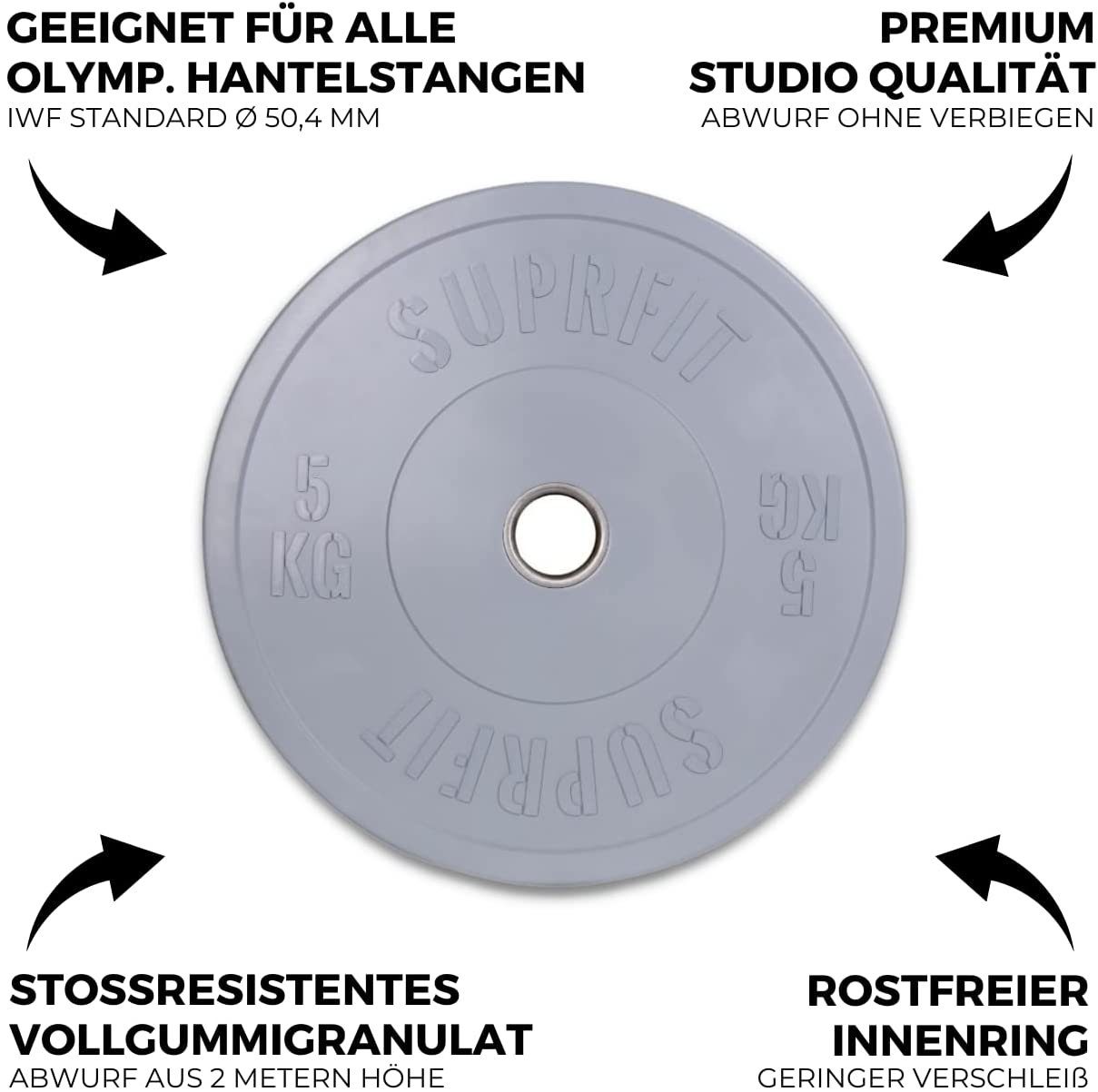 Bumper aus Gewichtsscheiben Plates fürs 50mm Hantelscheiben Gewichtscheiben Vollgummigranulat, Hantelscheiben Einzeln/Paar SUPRFIT Hanteltraining, 5-25kg, Gummierte (1-tlg), SF - Gewicht: 5 kg, 50mm Stoßabsorbierende Fitness