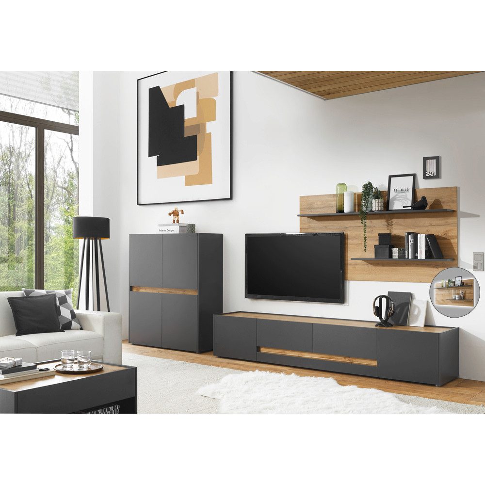 Lomadox Wohnwand CRISP-61, (3-St), Wotan Eiche Nb. 360/180/45 cm