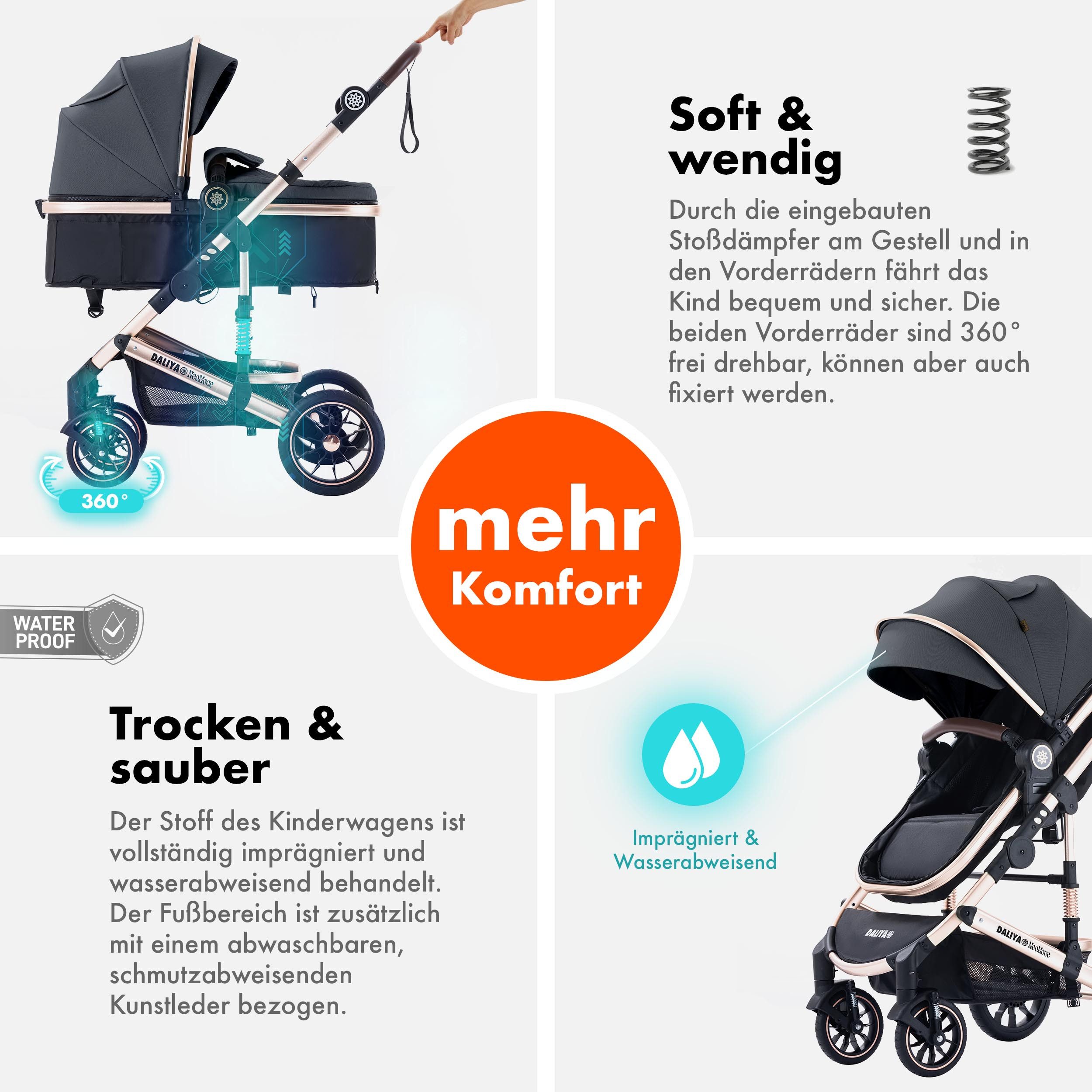 Daliya® Kombi-Kinderwagen NEOMOVE 2in1 Kinderwagen, Buggy und Babywanne in einem, Babywanne und Sportsitz, Alu-Rahmen, Großer Einkaufskorb