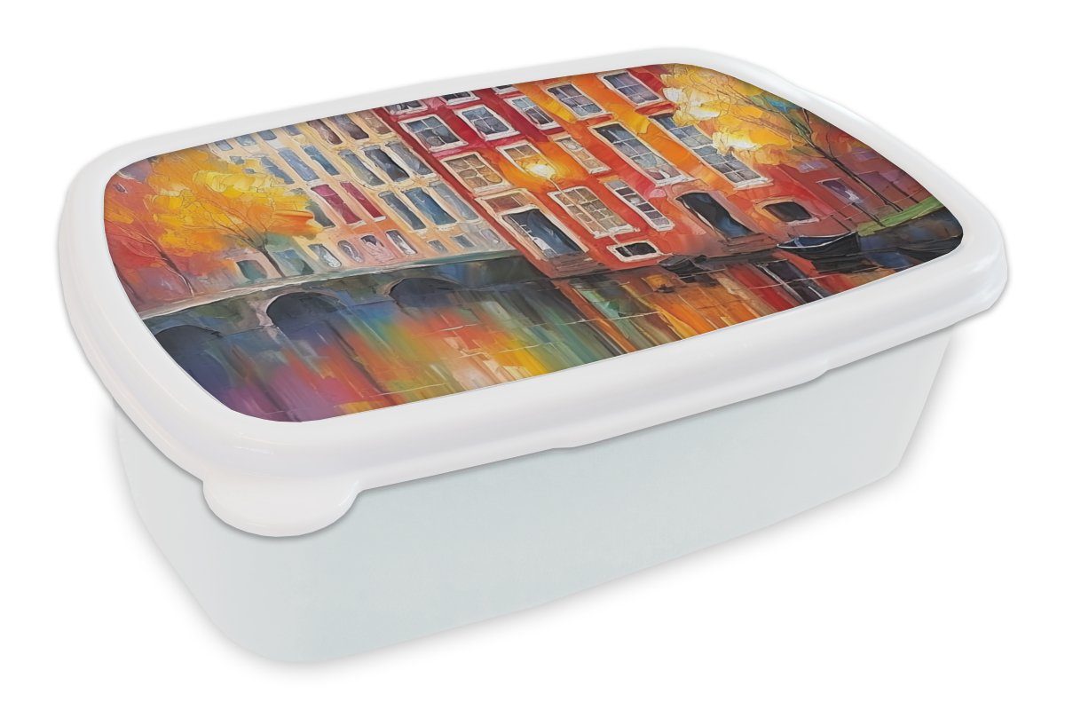 Erwachsene, für Lunchbox Grachtenhäuser und Kinder MuchoWow Malerei Jungs Brotdose, Mädchen Kunststoff, Brotbox weiß (2-tlg), und - für Amsterdam, - Kunst -