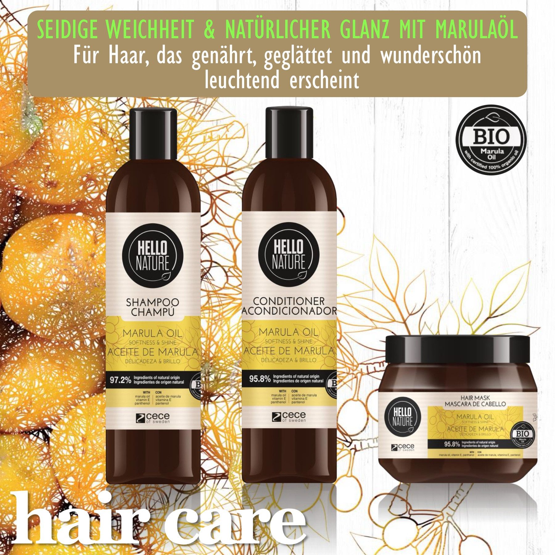 Hello Nature Haarpflege-Set Haarkur Haar Shampoo Conditioner Haarmaske Set Marula Öl Bio Vegan, Haarpflegeset, Shampoo, Haarspülung, Haarmaske