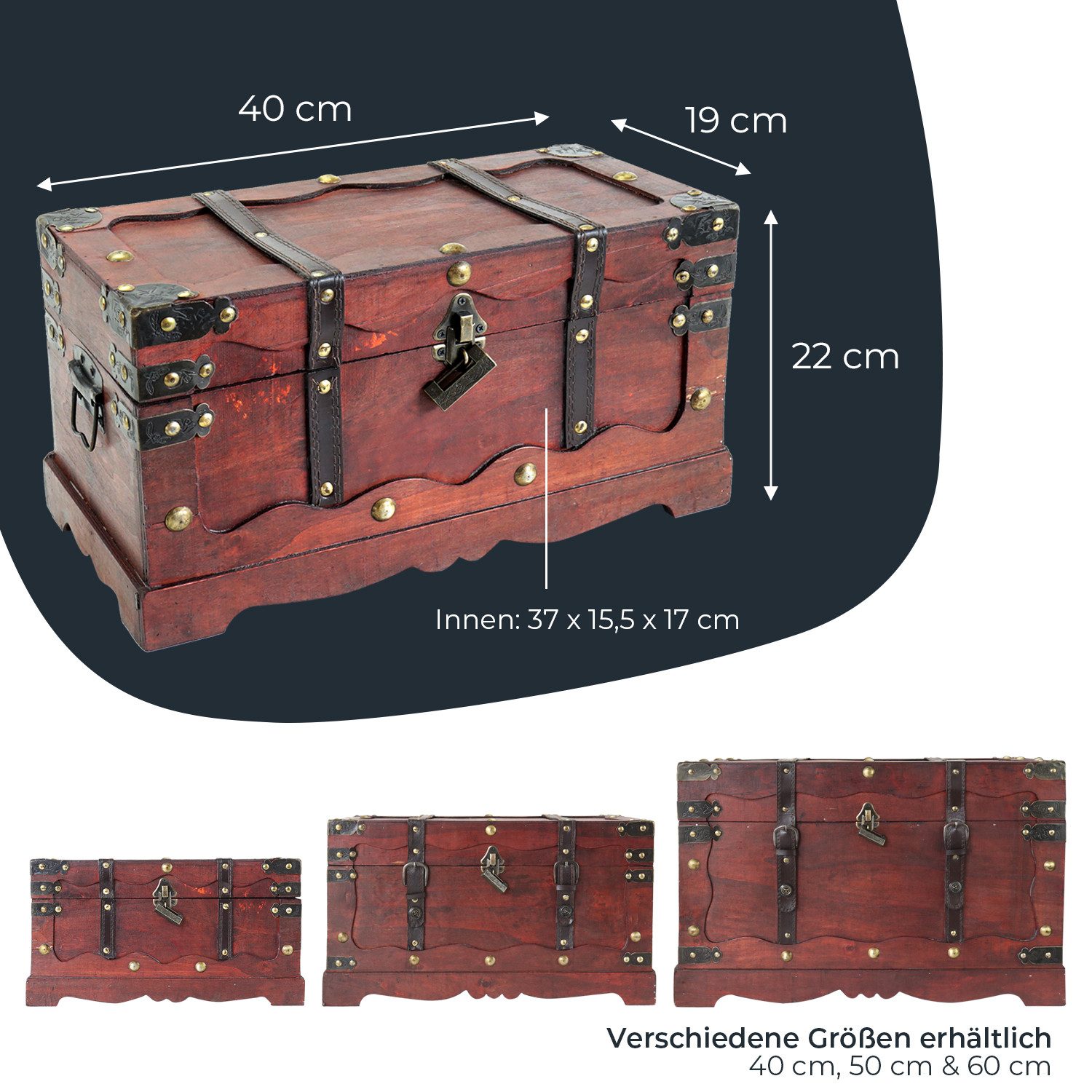 HMF Schatzkiste Schatztruhe aus Holz, große Schatzkiste mit (1 St), dekorativem Schloss für Kindergeburtstag, 40 x 19 x 22 cm, Frankreich – Bild 5 von 5